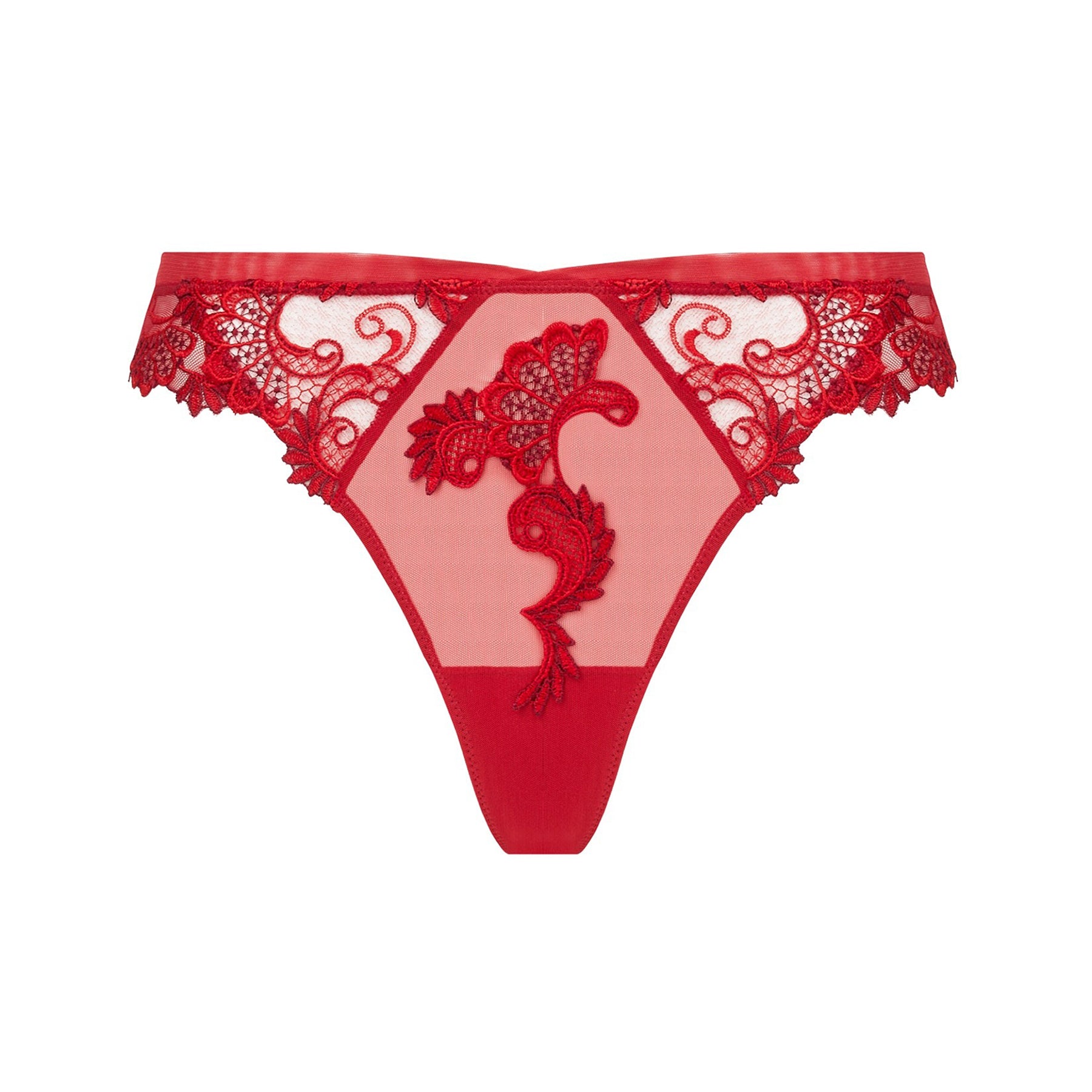 Red solaire thong in sheer tulle mesh with intricate embroidery throughout. Front view without model.