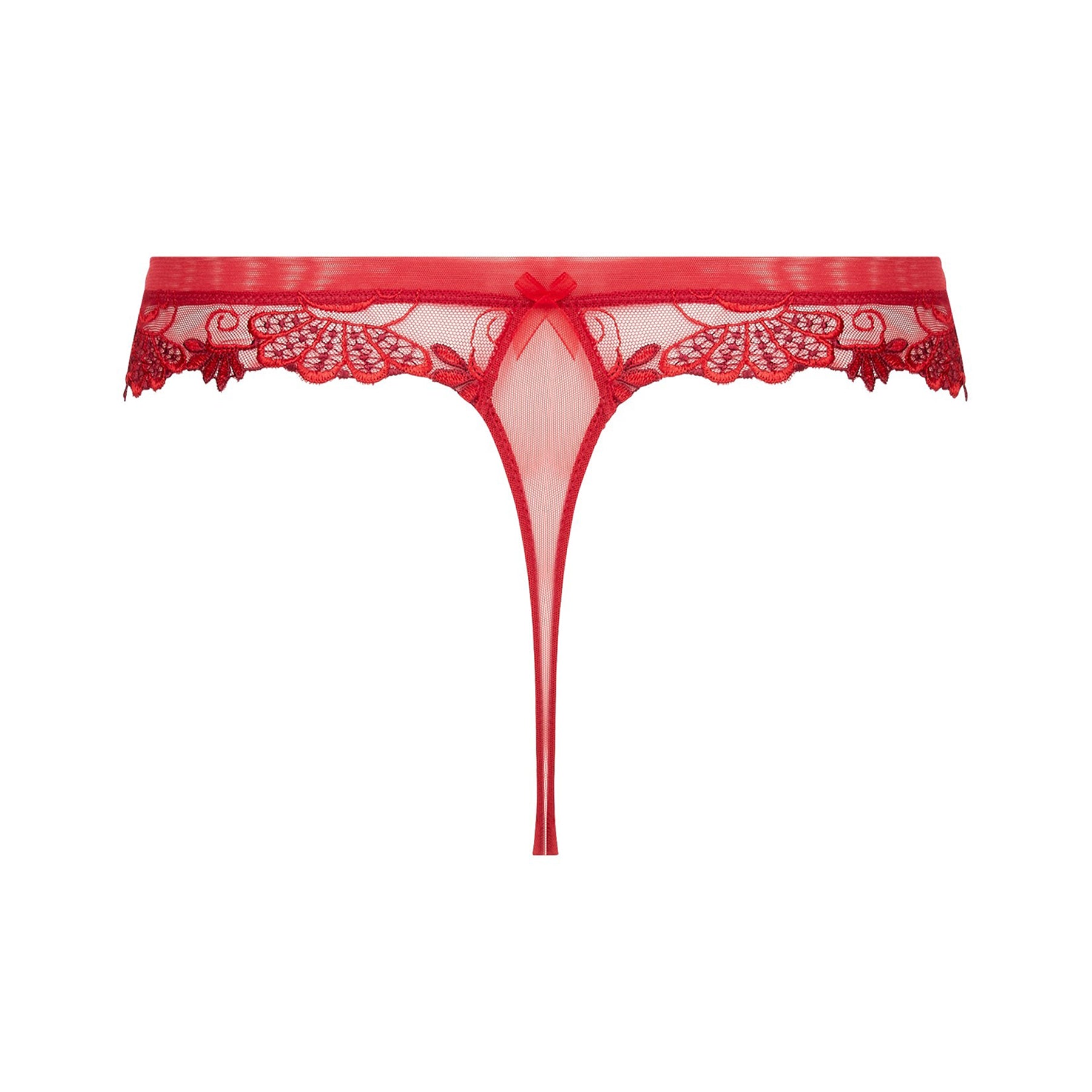 Red solaire thong in sheer tulle mesh with intricate embroidery throughout. Rear view without model.