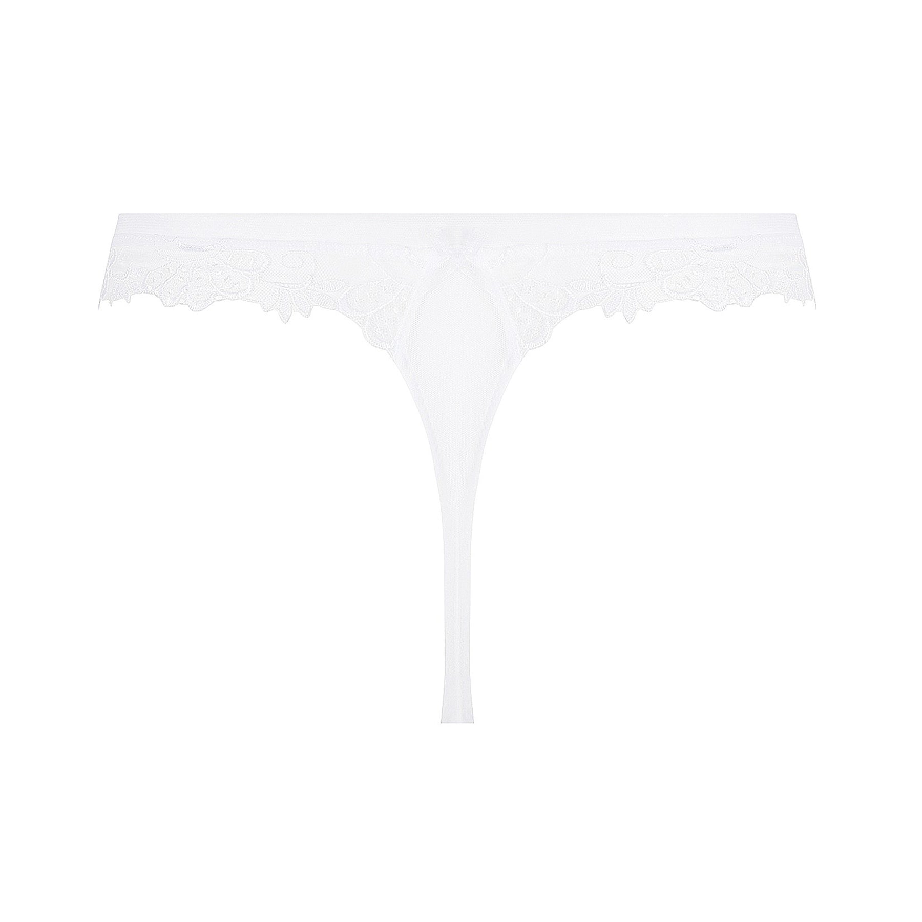 White blanc thong in sheer tulle mesh with intricate embroidery throughout. Rear view without model.