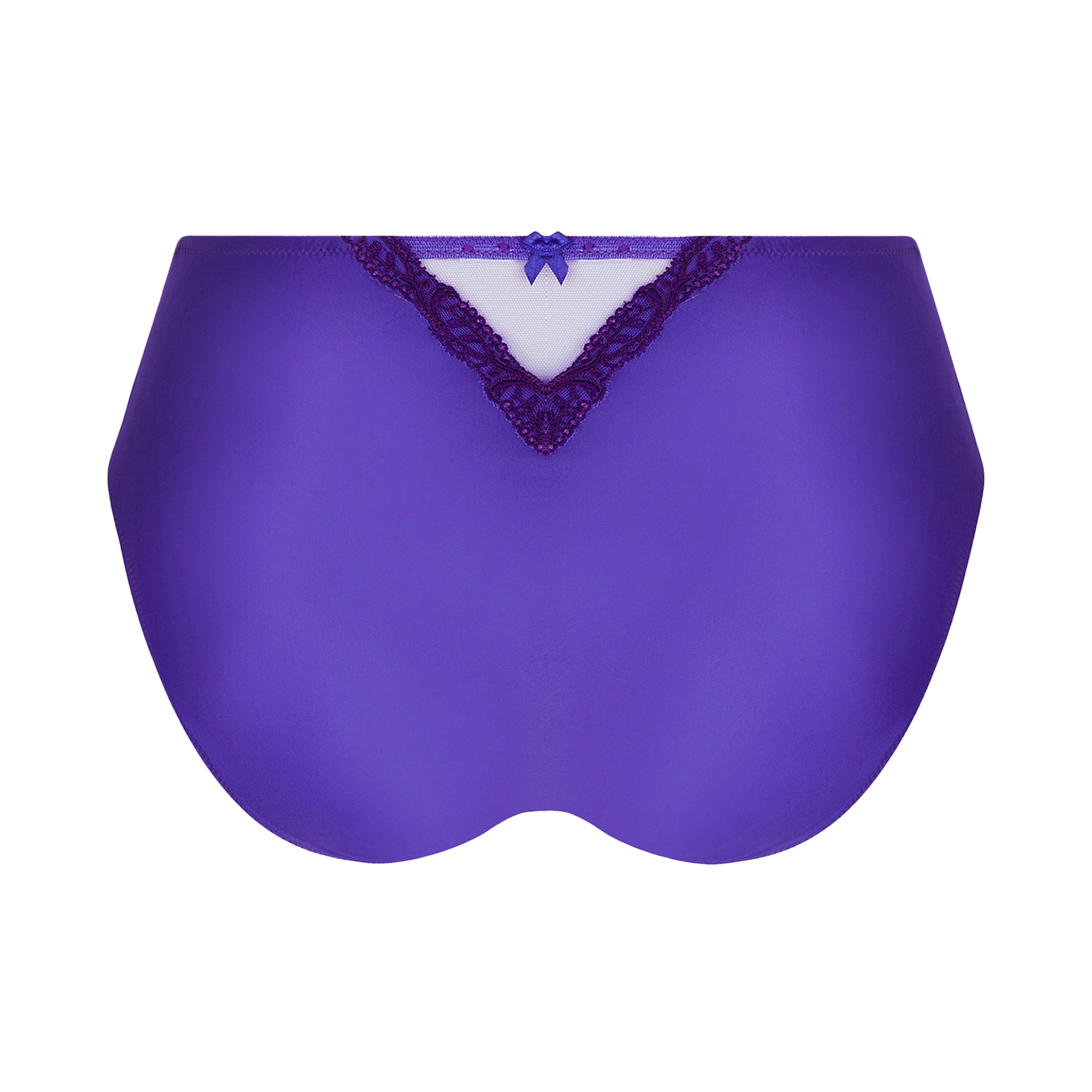 Full brief panty in purple ocean blue with embroidery detail on silk. Rear view no model.