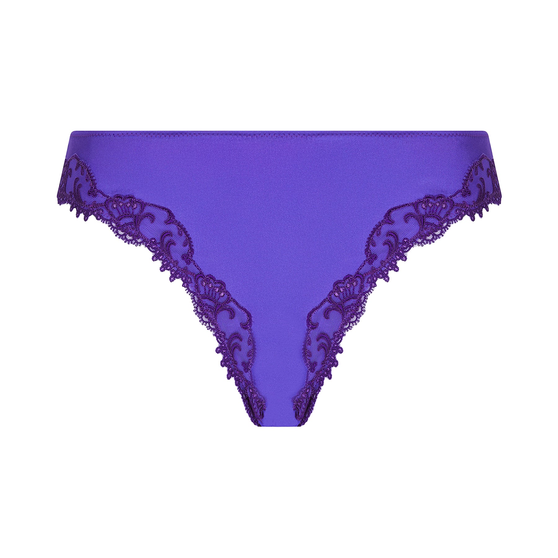 Italian brief panty in purple ocean blue with embroidery detail on silk. Front view no model.