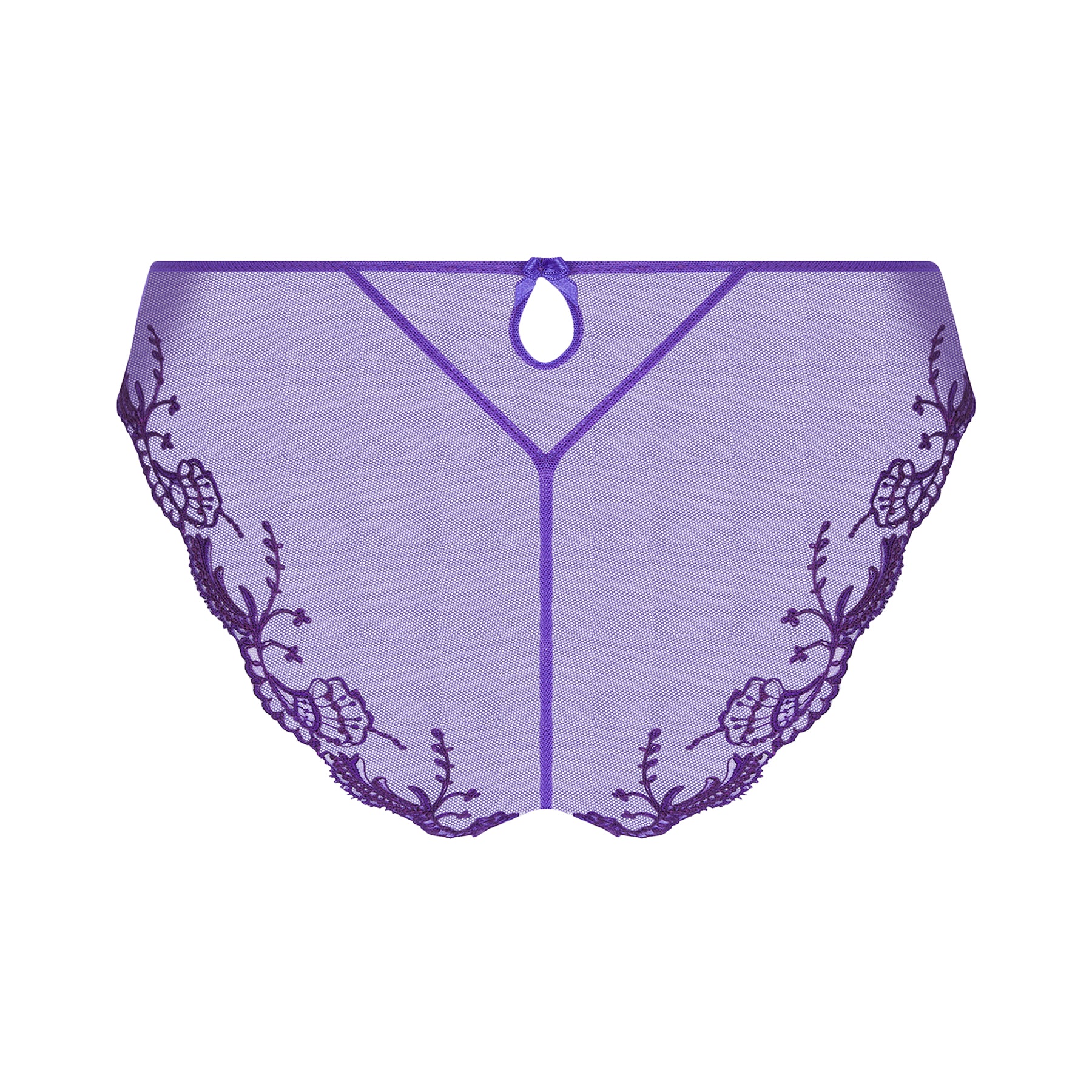 Italian brief panty in purple ocean blue with embroidery detail on silk. Rear view without model. Rear is sheer.