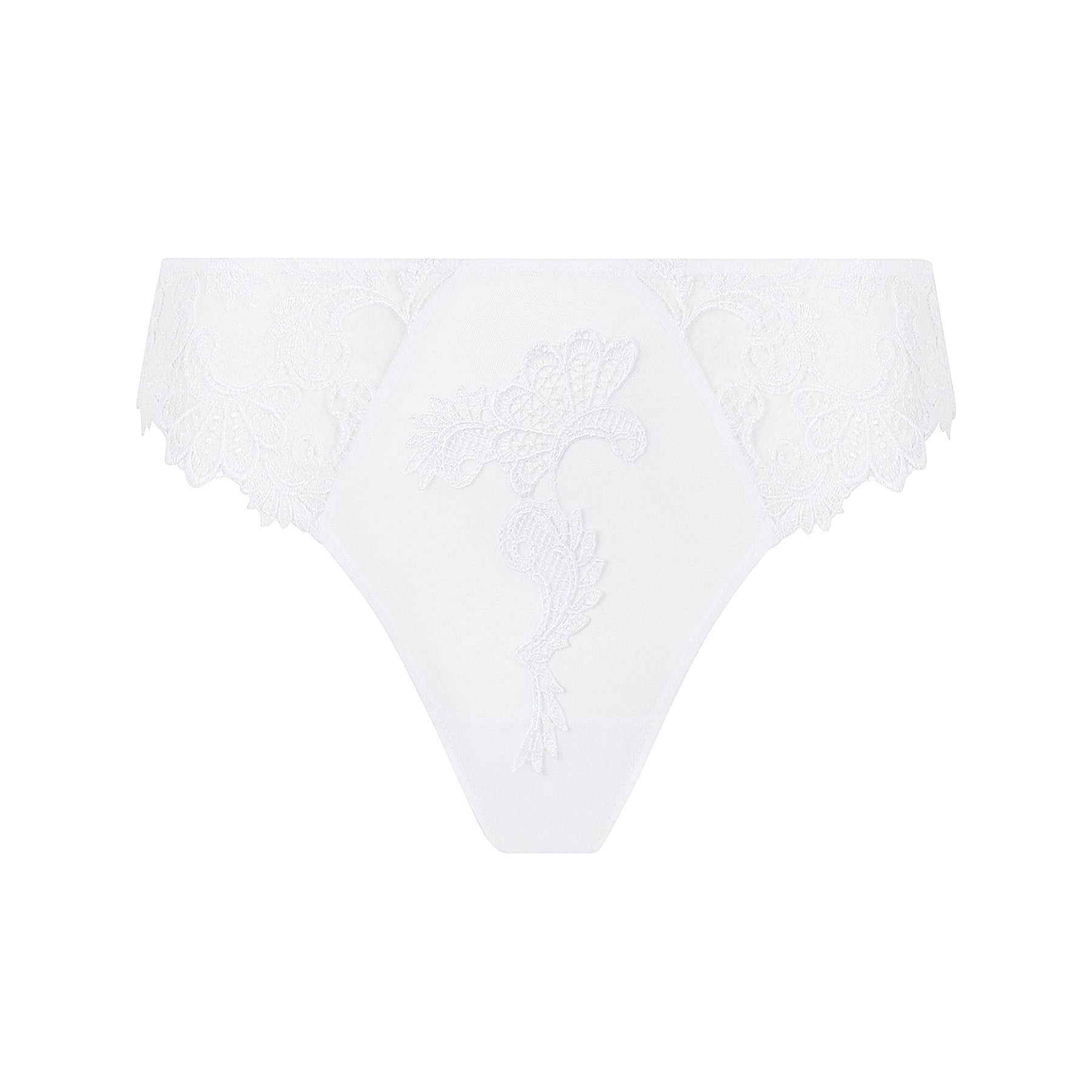 White Italian panty in sheer tulle mesh with intricate embroidery throughout. Front view without model.