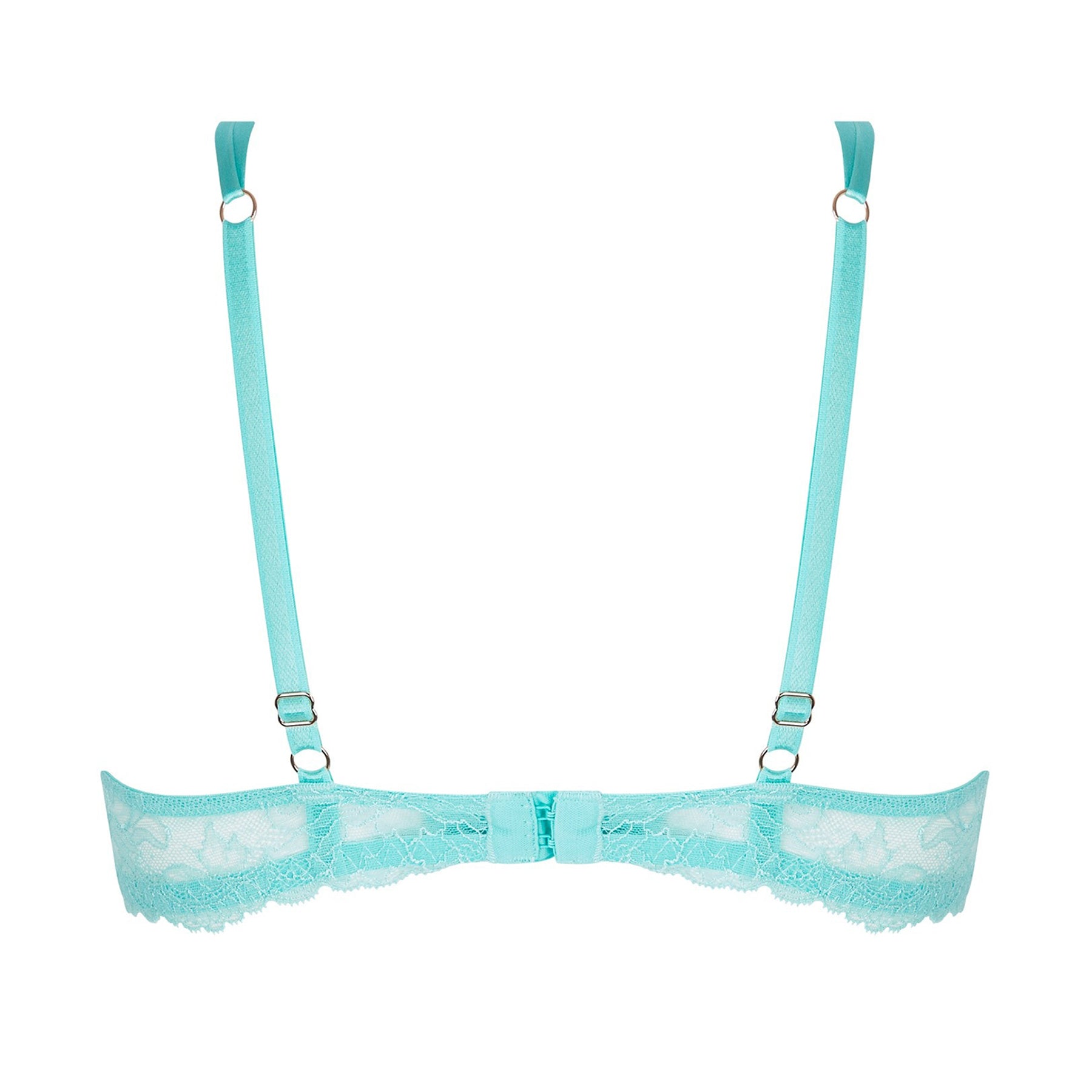 Demi cup underwired bra in aqua with sheer embroidered tulle. Rear view without model.