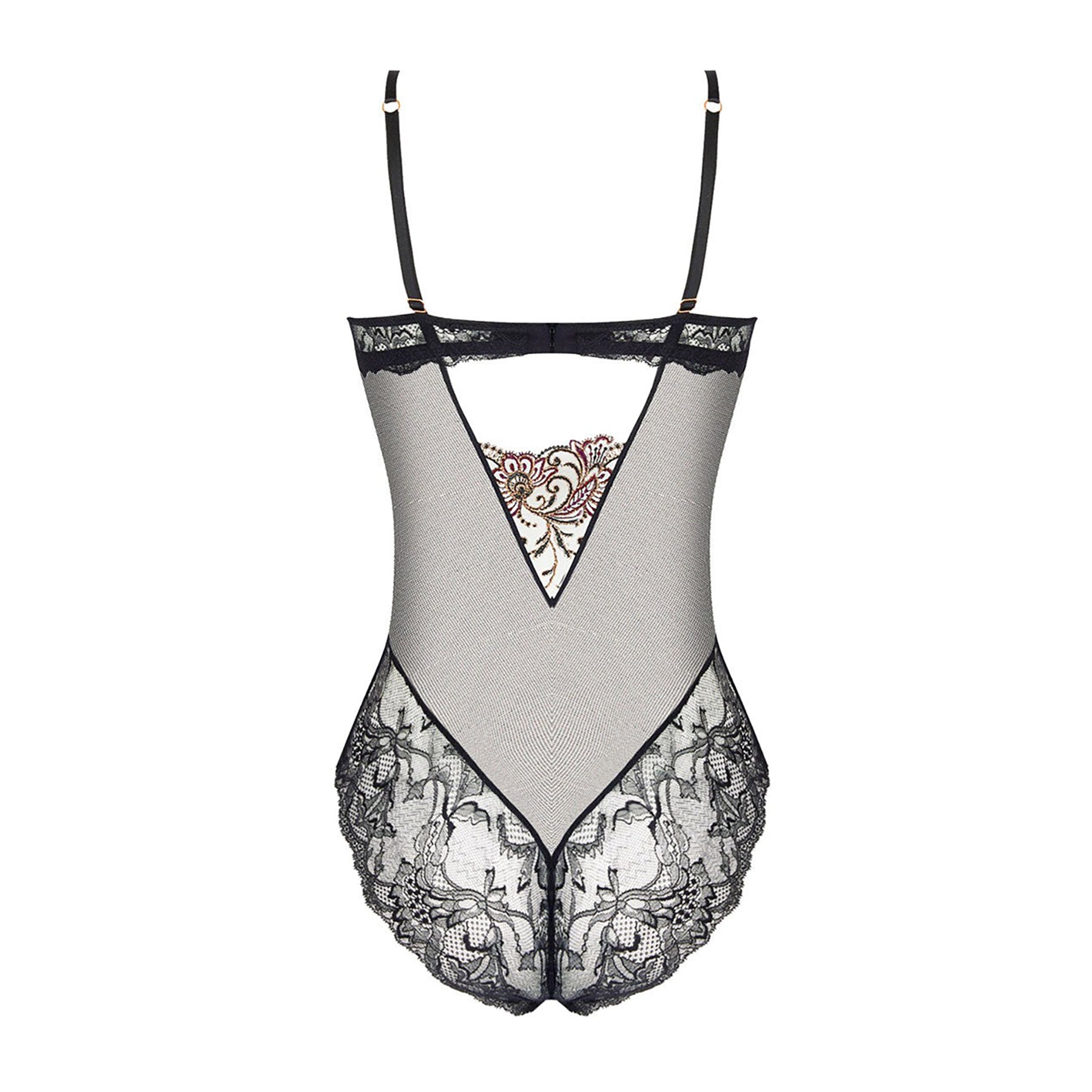 Lise Charmel Charme Secret black bodysuit flat lay back view, featuring deep V sheer mesh back and ornate lace detailing