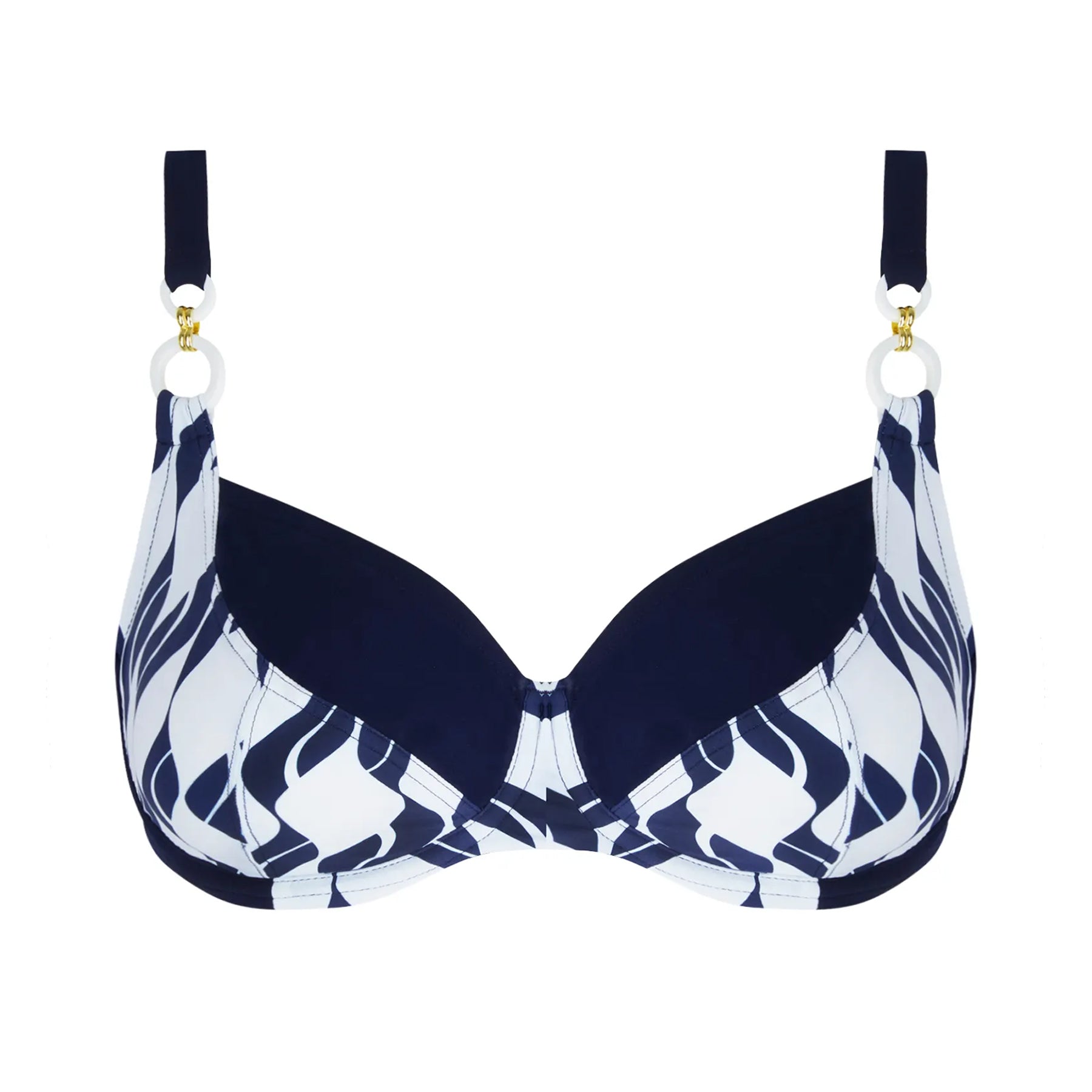Lise Charmel ABB3596 danse des vagues balcony cup bikini top in a navy and white print. Flat lay front view without model.