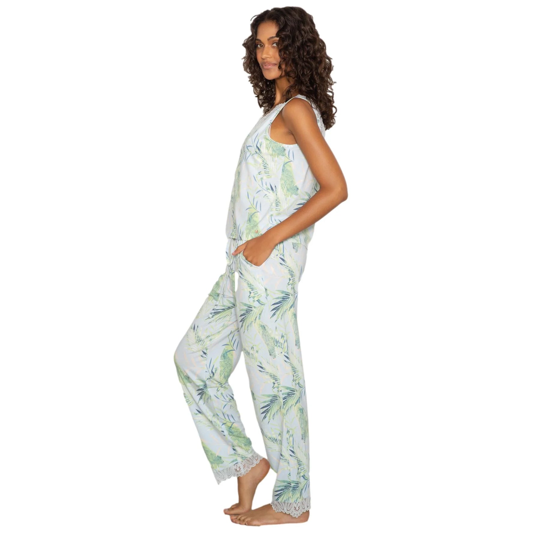 Soft botanical print lounge set with airy sleeveless top and tapered pants, side view on model