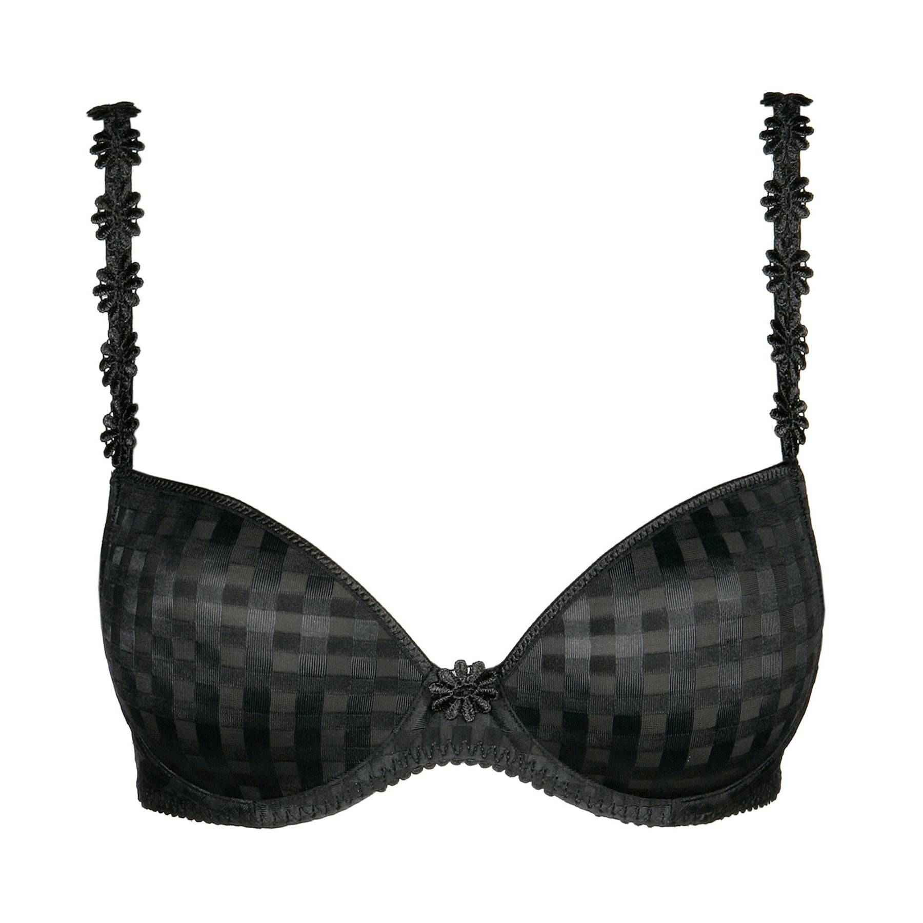 Padded plunge bra in black with checkerboard print and embroidered daisy straps. Front view without model.