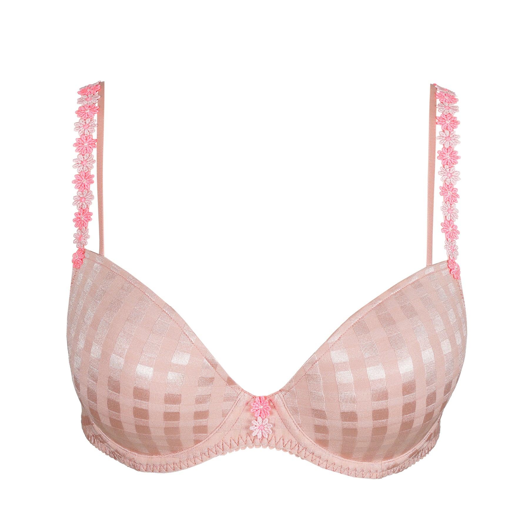 Marie Jo Avero Tiny Padded Plunge Bra in Powder Rose laid flat, showcasing floral straps and seamless cups