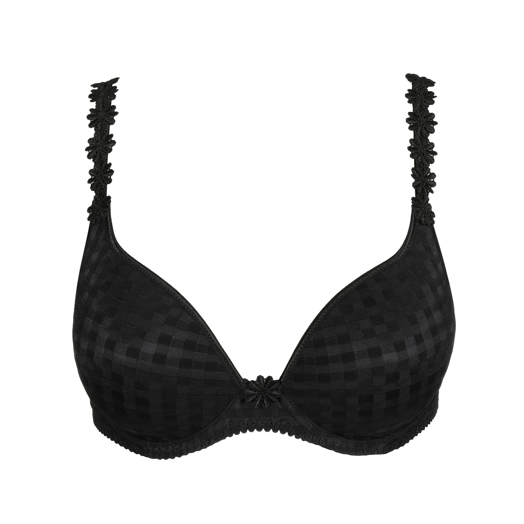 Marie Jo Avero Padded Balcony Bra in Black with daisy embroidered straps and textured check pattern – front flat view