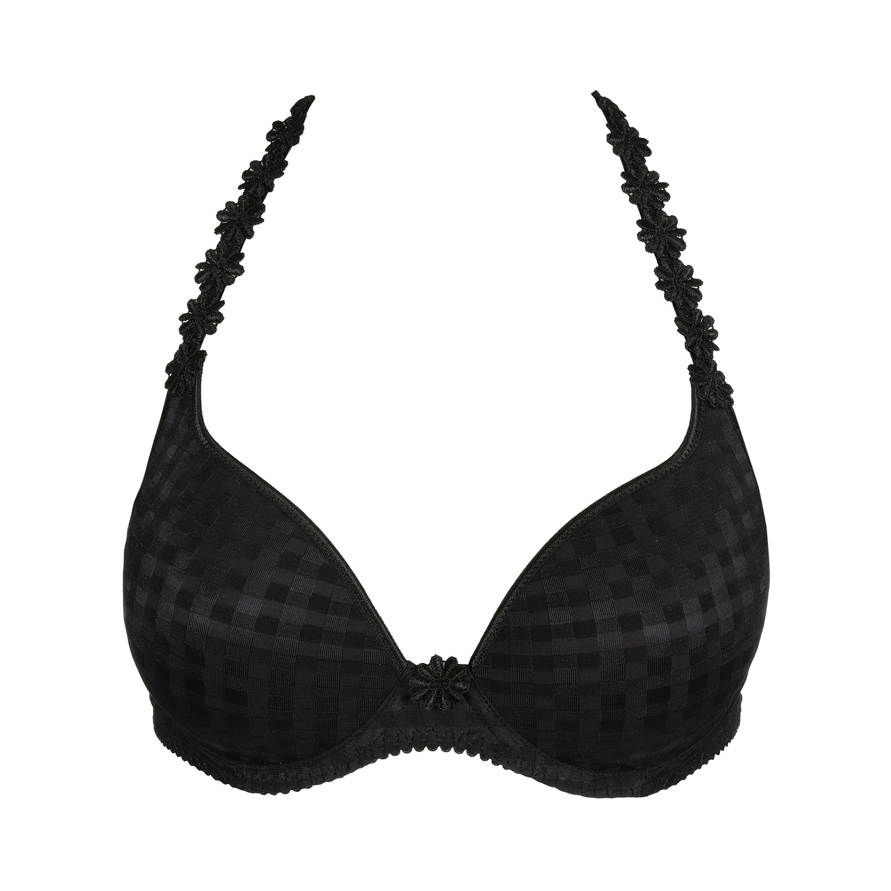 Marie Jo Avero Balcony Bra in Black with floral halter straps and seamless heart-shaped cups – flat lay