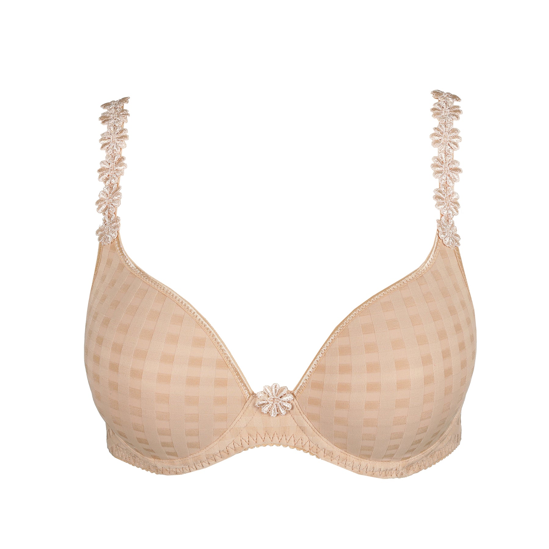 Marie Jo Avero Balcony Bra in Caffé Latte featuring heart-shaped cups and signature floral strap detailing – flat product view