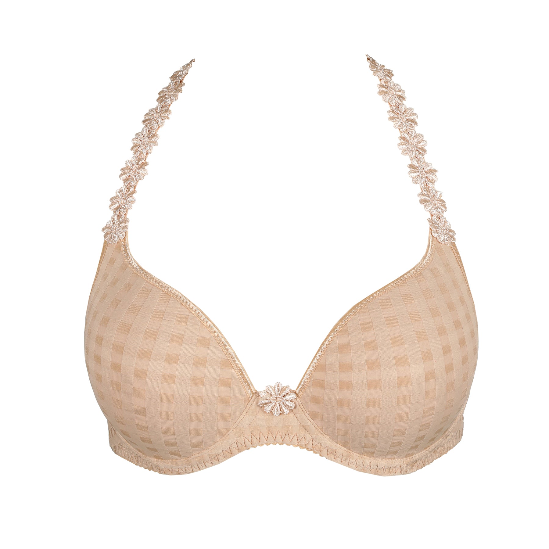 Marie Jo Avero Heart Bra in Caffé Latte with checkered texture and halter floral embroidery straps – product flat lay