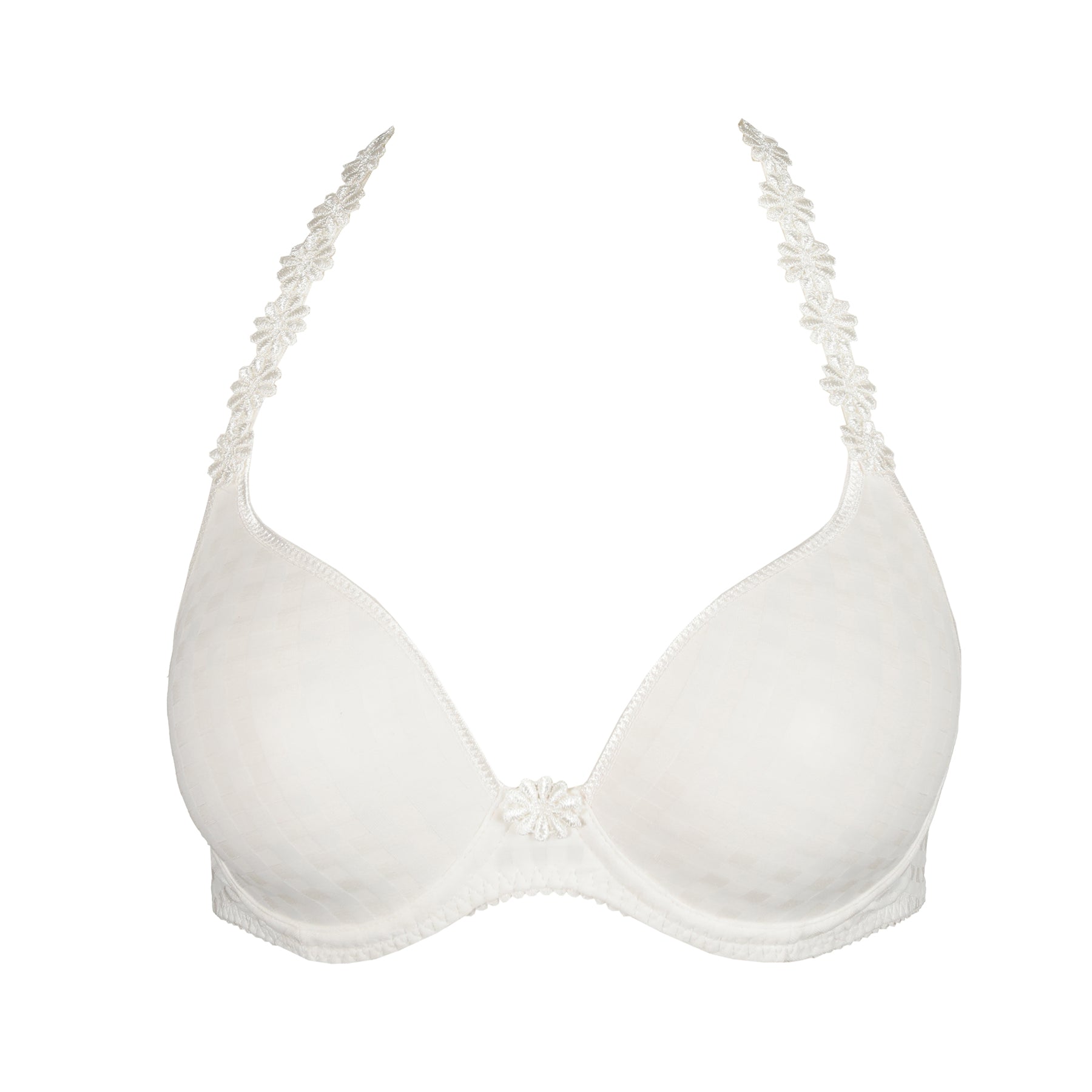 Natural ivory Marie Jo Avero Heart Bra with halter floral embroidery straps and checkered texture – product flat lay