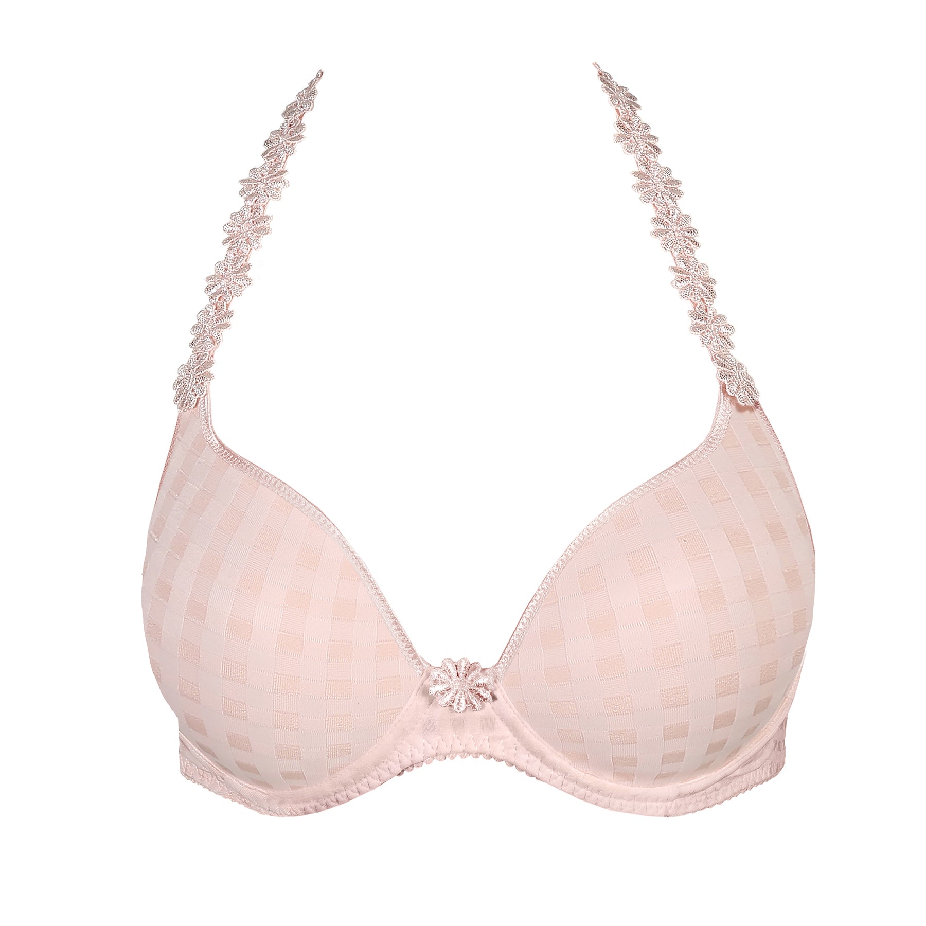 Pearly Pink Marie Jo Avero Heart Bra with floral embroidery halter straps and signature check pattern – product flat lay