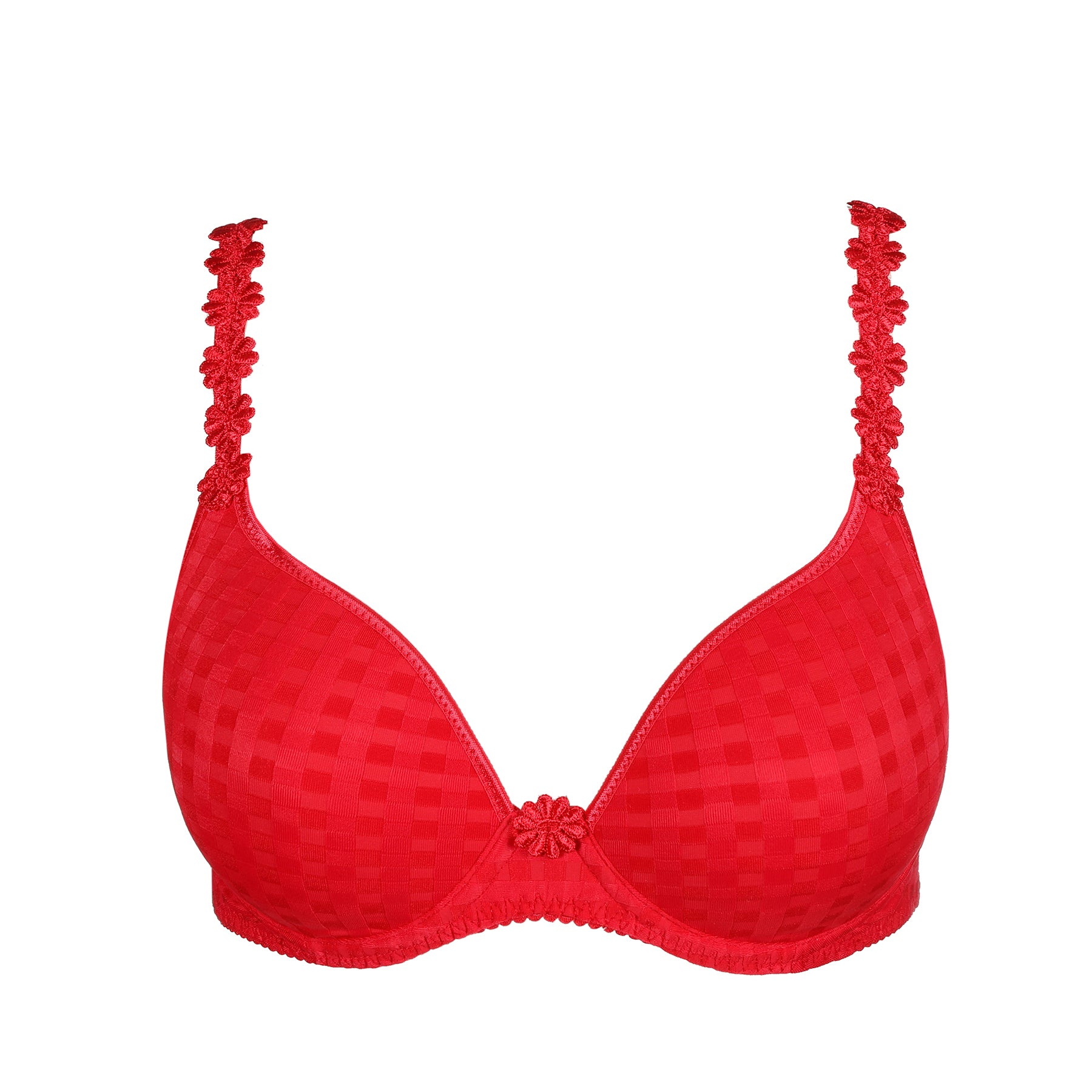 Marie Jo Avero Balcony Padded Heart Bra in Scarlet red with daisy-embroidered straps – flat lay front view