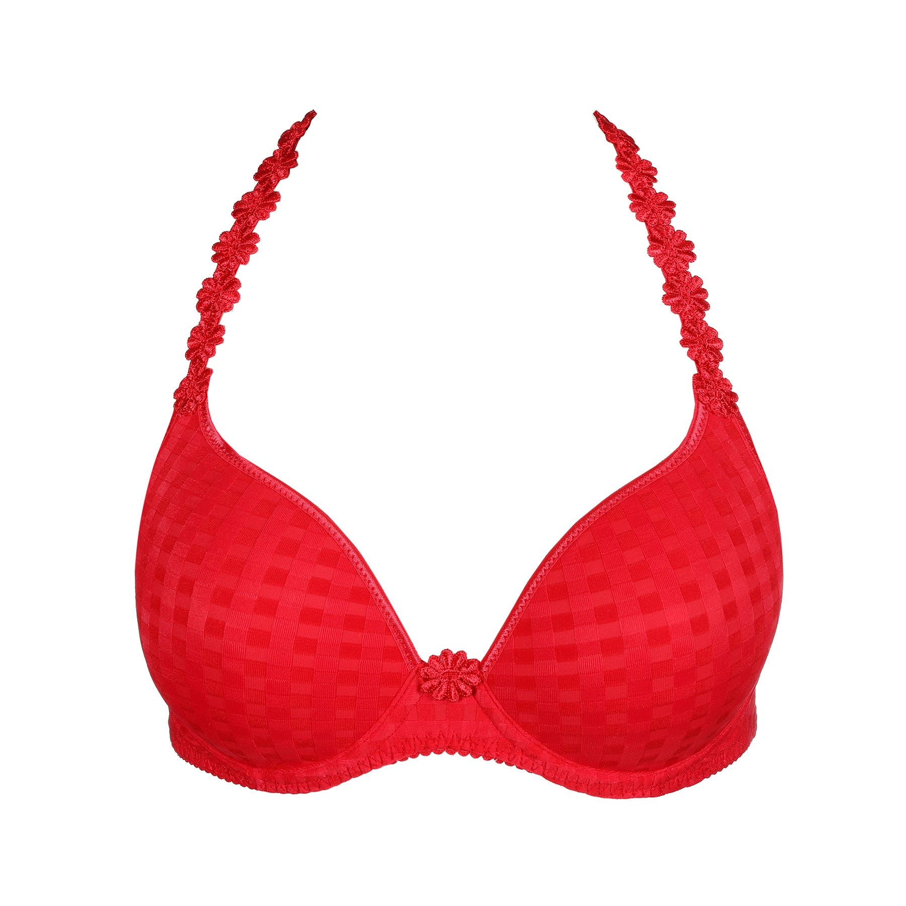 Scarlet red Marie Jo Avero Heart Bra with floral halter straps and checkered texture – product flat lay