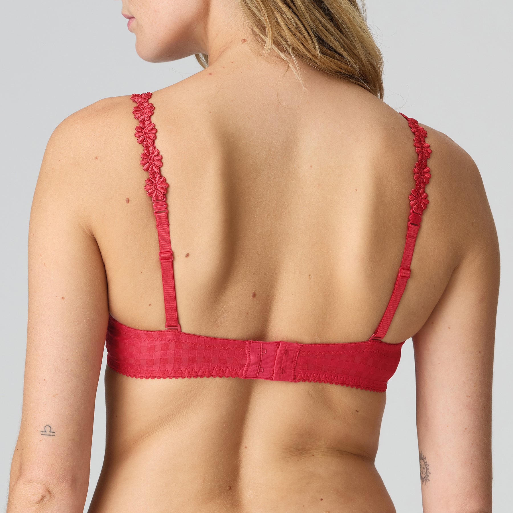 Back view of Marie Jo Avero Bra in Scarlet red with adjustable floral straps and secure hook closure