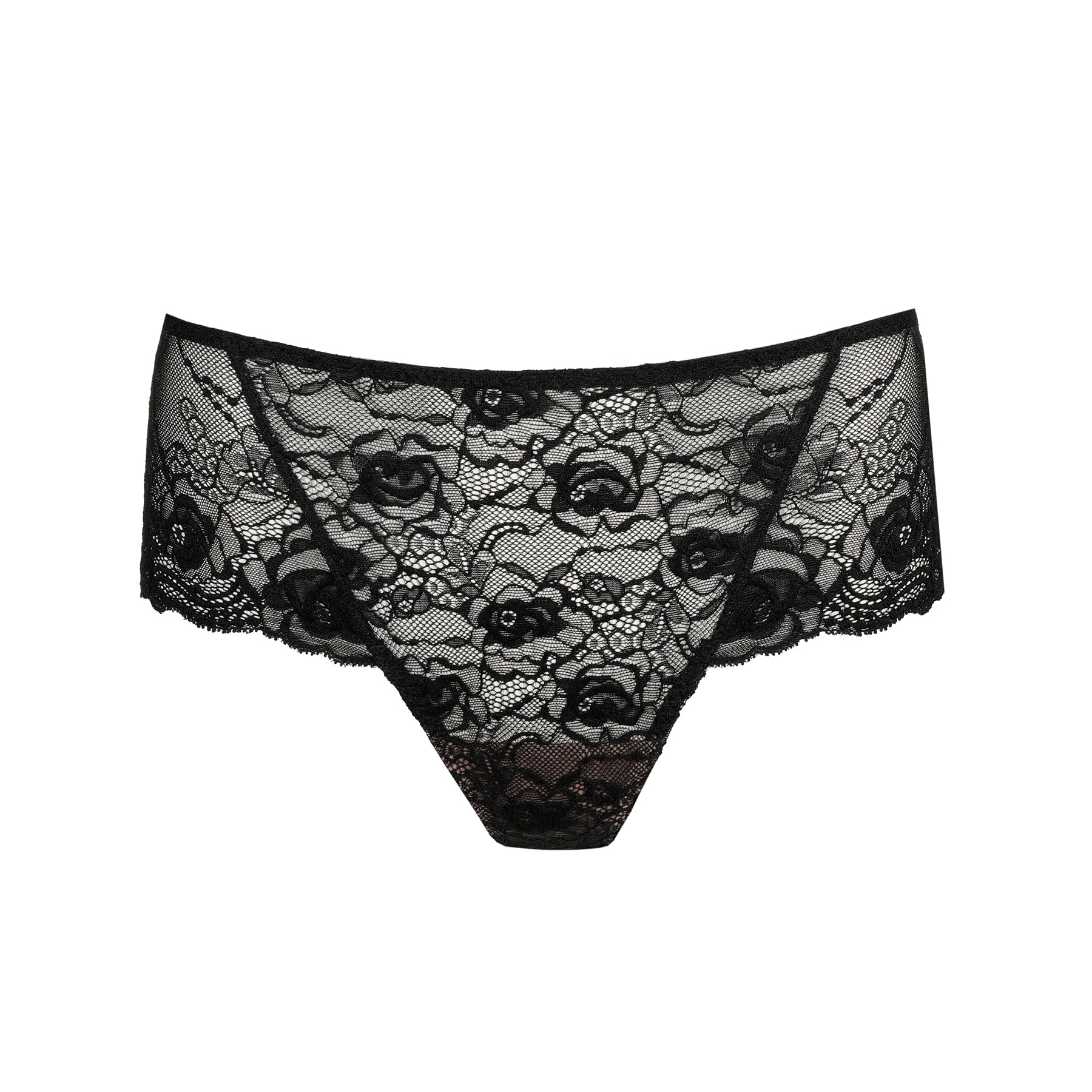 Marie Jo Cyrile lace hotpants style 050-2922 in black, front view featuring sheer floral lace and mid-rise fit