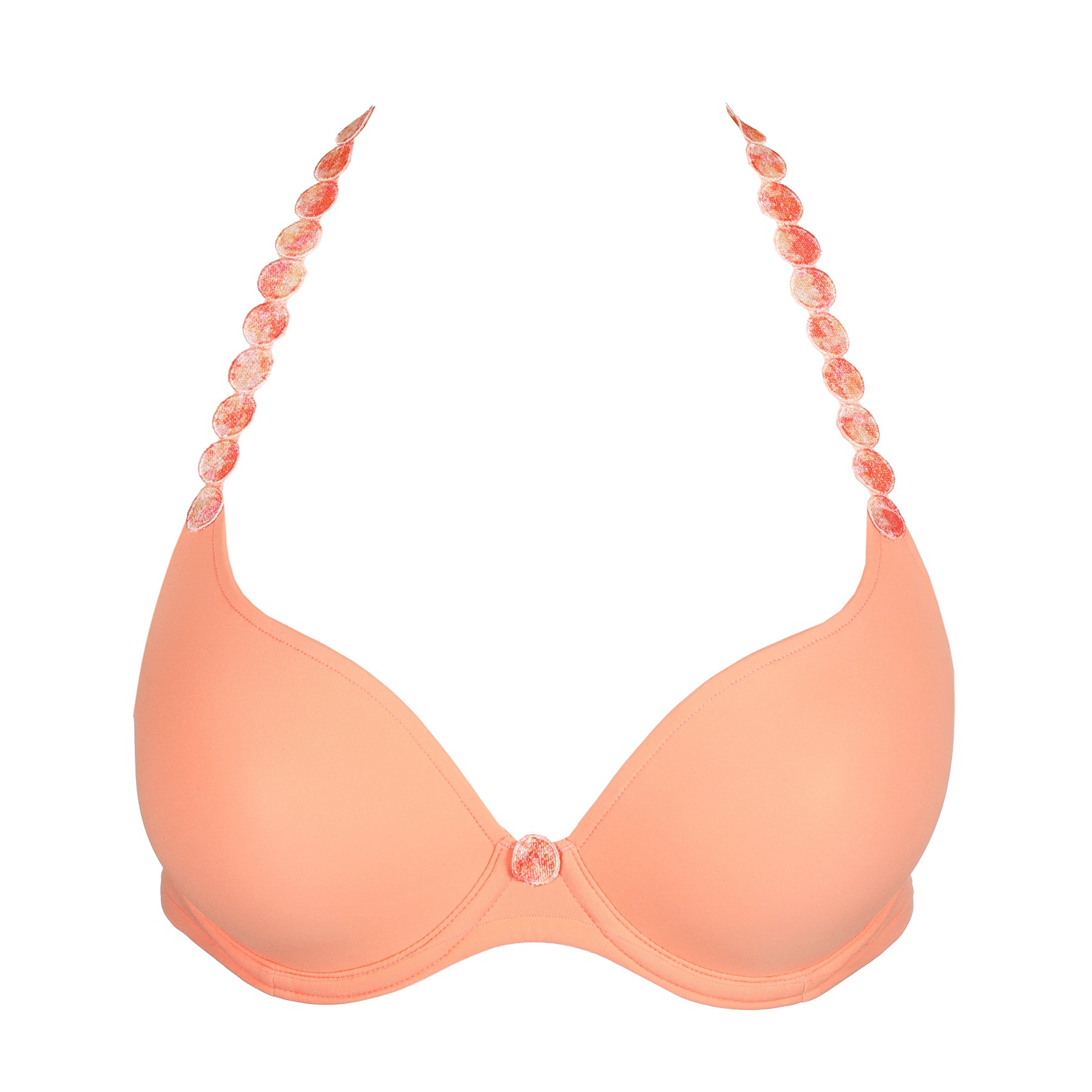 Seamless padded plunge heart shaped bra in papaya smoothie orange peach. Front view without model shown with straps worn halter around the neck.