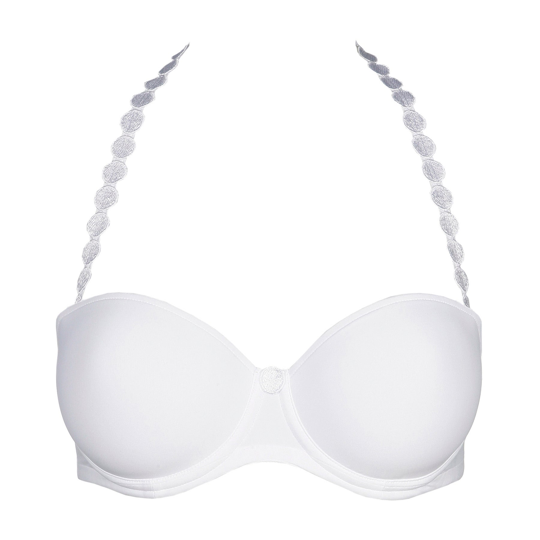Marie Jo Tom Strapless Balcony Bra in White – detachable strap bra with seamless padded cups and elegant everyday design. Shown without model with halter style strap configuration.