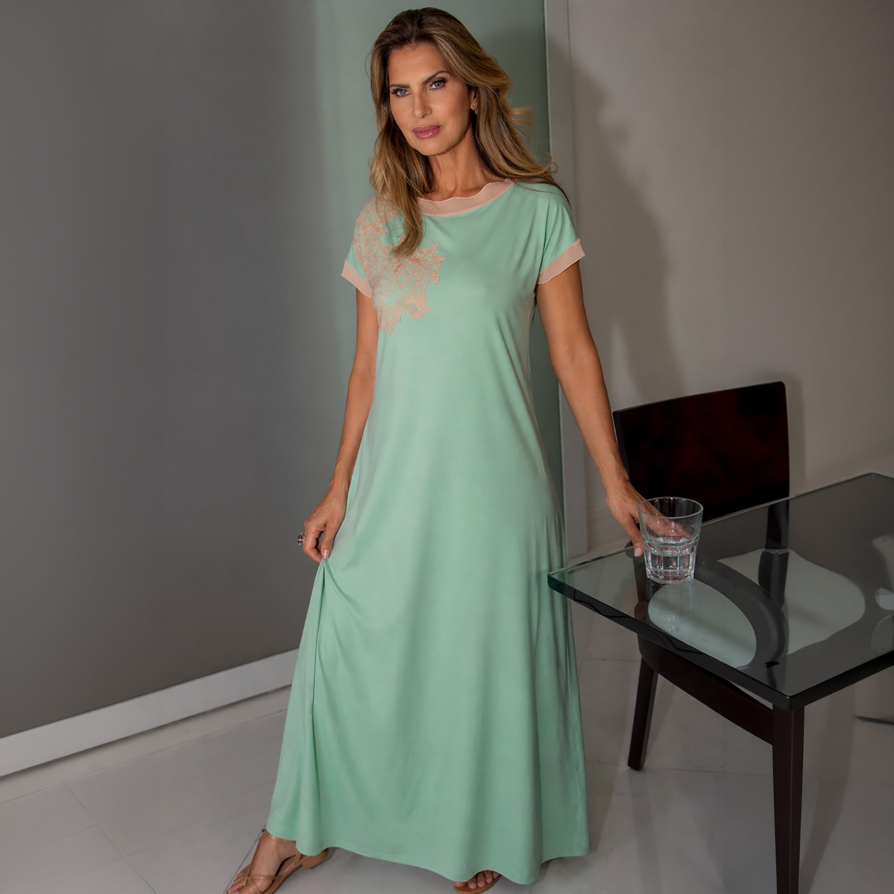 Mari M 35332 women’s mint green full-length sleep gown with relaxed silhouette and soft fabric, refined minimalist nightwear. Front view different angle on model.