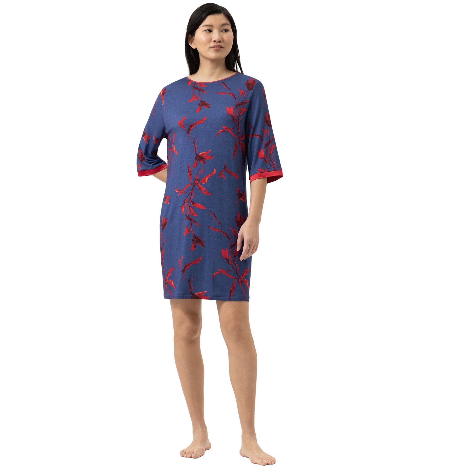 mey royal garden astral night blue sleepshirt womens floral nightdress 3-4 sleeves lounge sleepwear front view