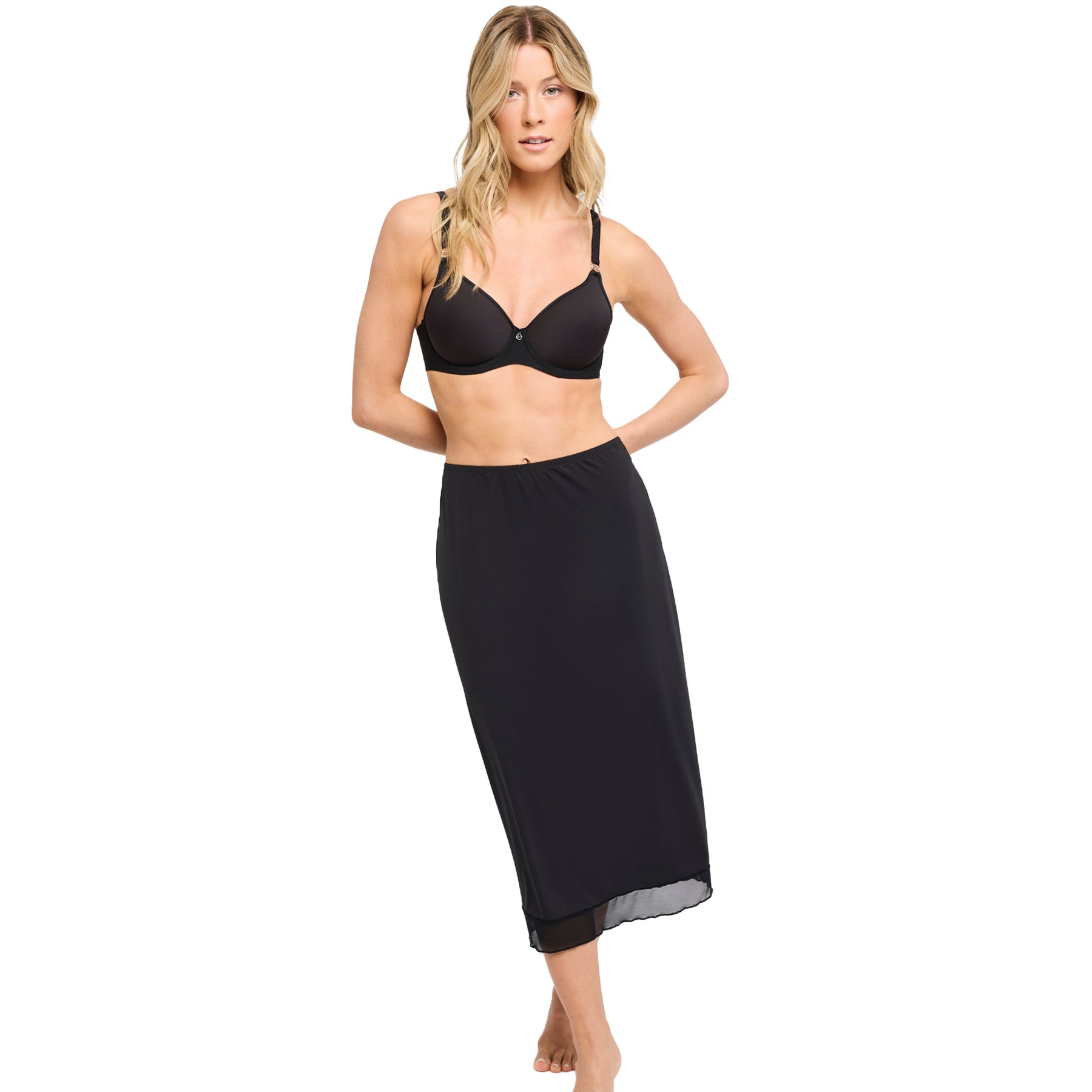Front view of Montelle Intimates 29-inch black maxi half slip - styled with black bra.