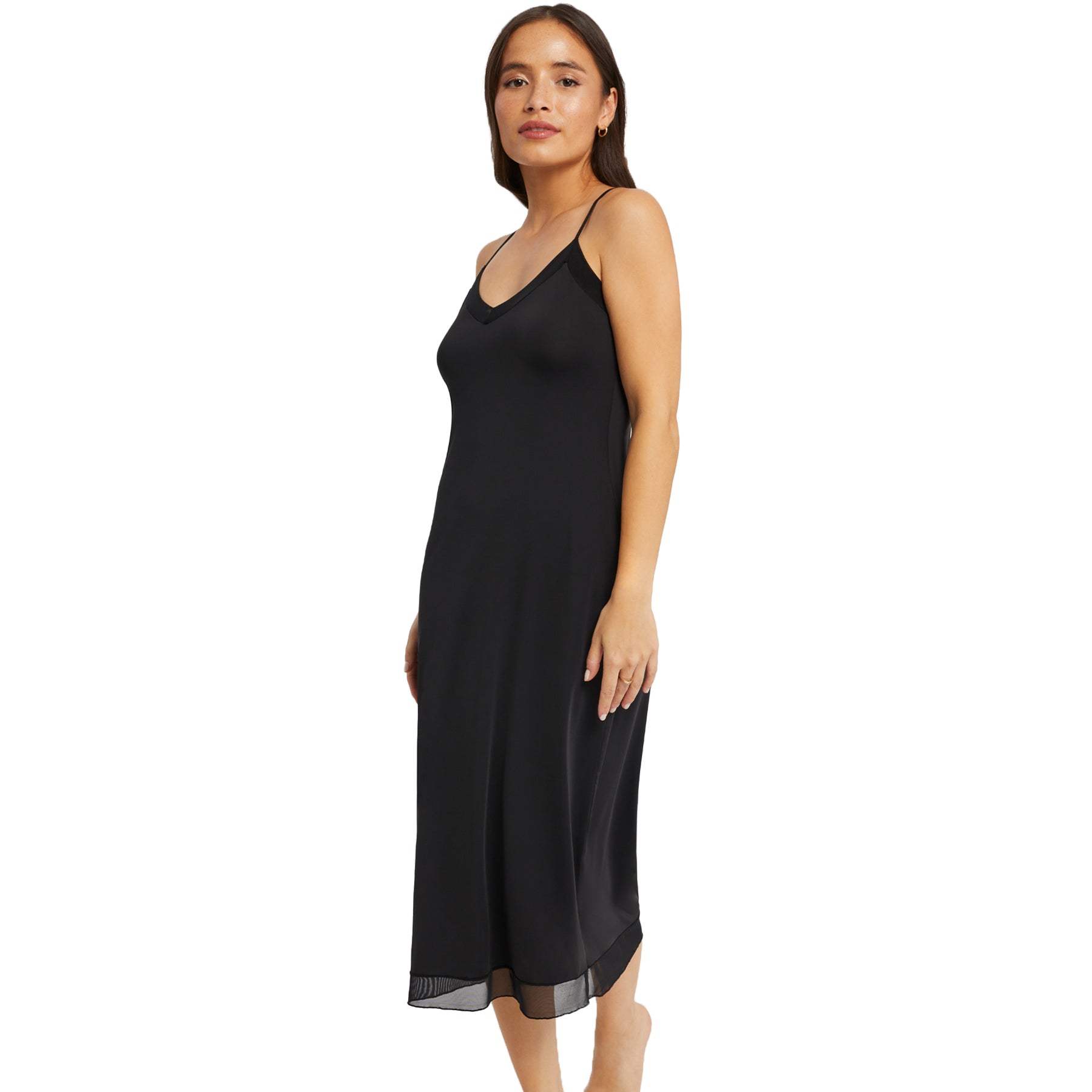 Side view of Montelle black slip - full-length silhouette and adjustable straps.