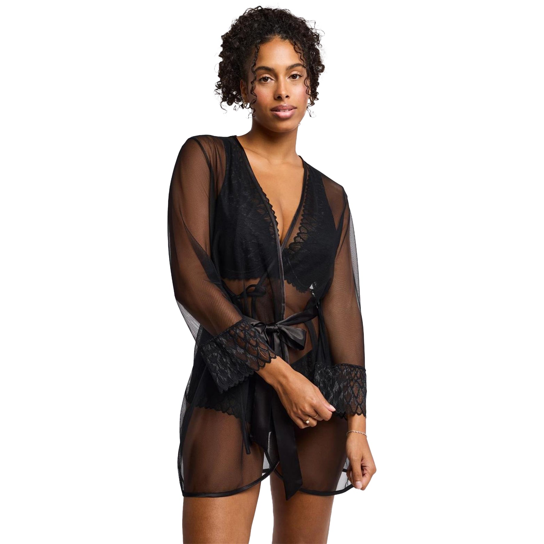 Montelle black mesh wrap with lace cuffs and satin ribbon – elegant sheer robe worn over coordinating lingerie, front angle.