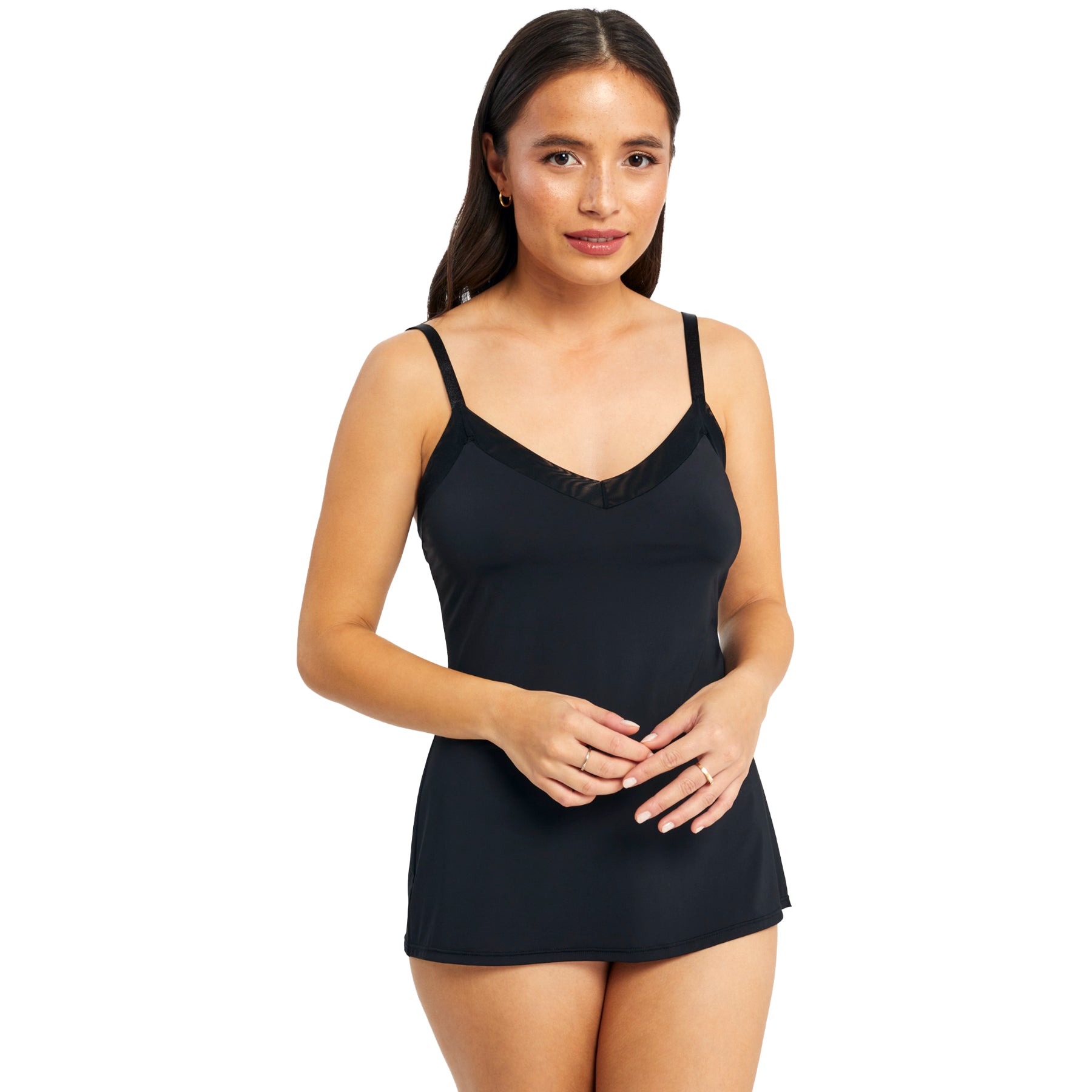 Front view of Montelle 9504 V-neck camisole slip in black with mesh trim