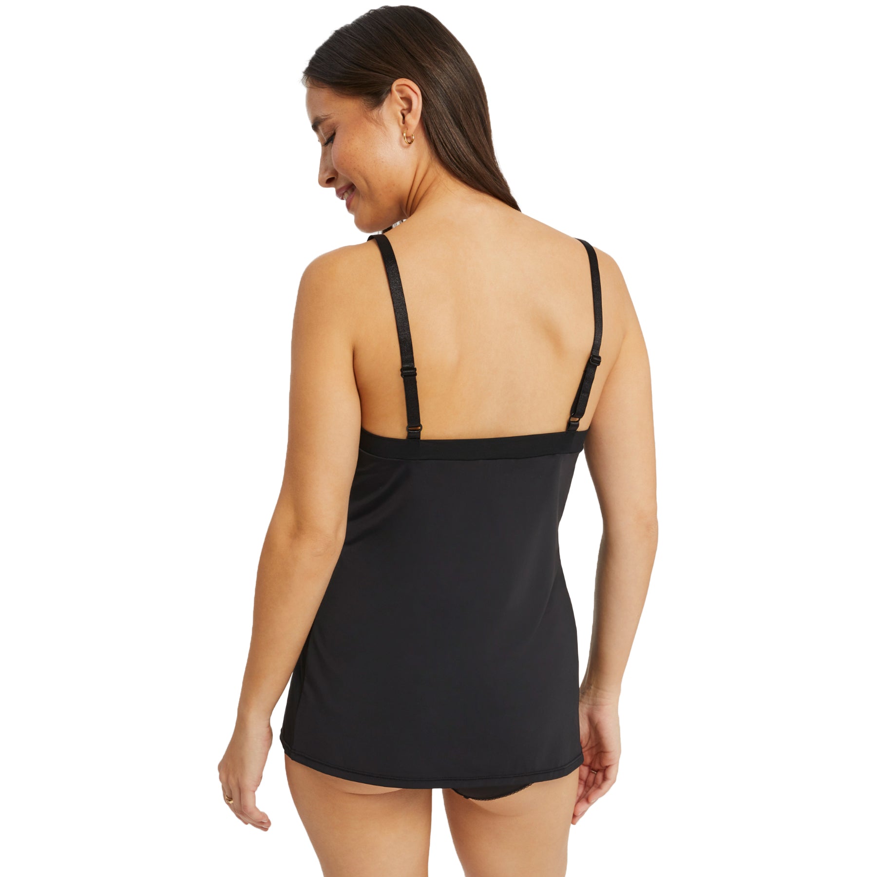 Back view of black Montelle V-neck camisole slip with adjustable straps