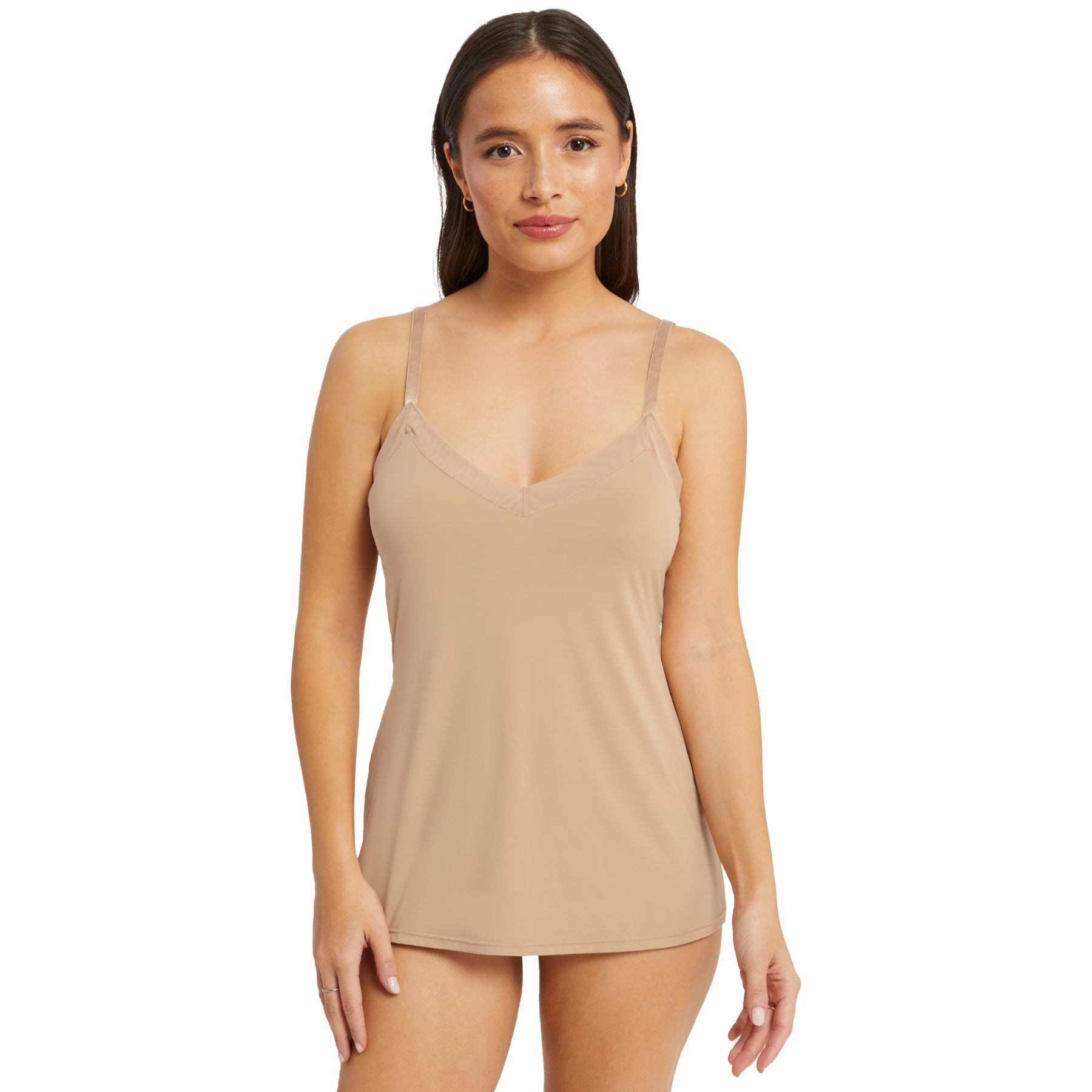 Front view of Montelle 9504 camisole slip in sand with mesh V-neck