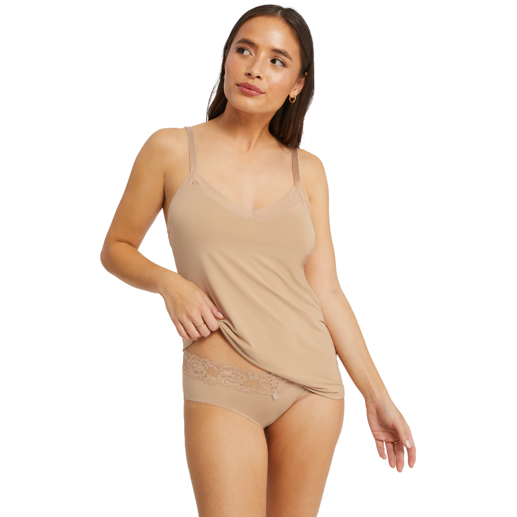 Montelle sand camisole slip styled with matching lace brief
