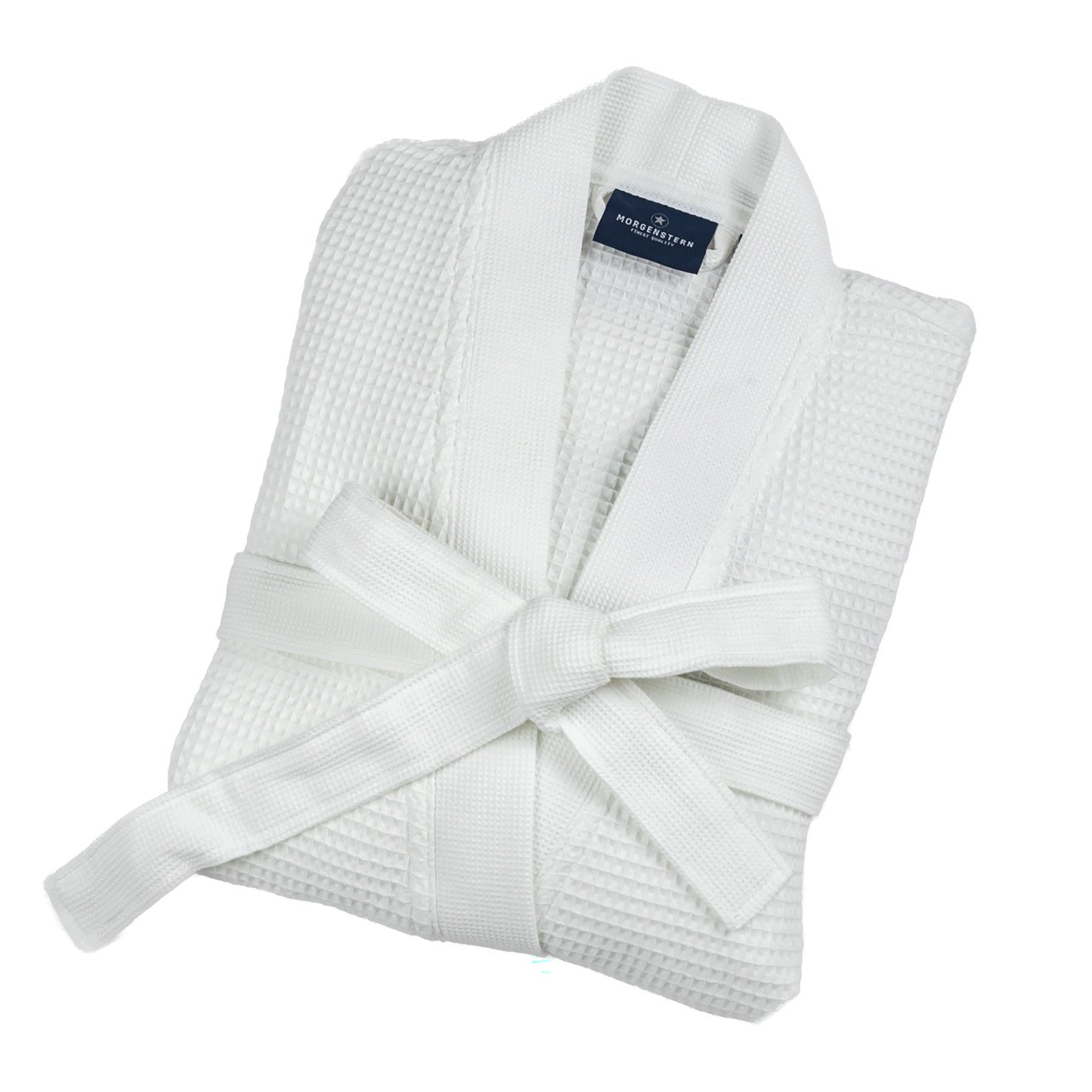 Folded white unisex waffle bathrobe made of 100% cotton with belt tie – perfect for travel or gifting
