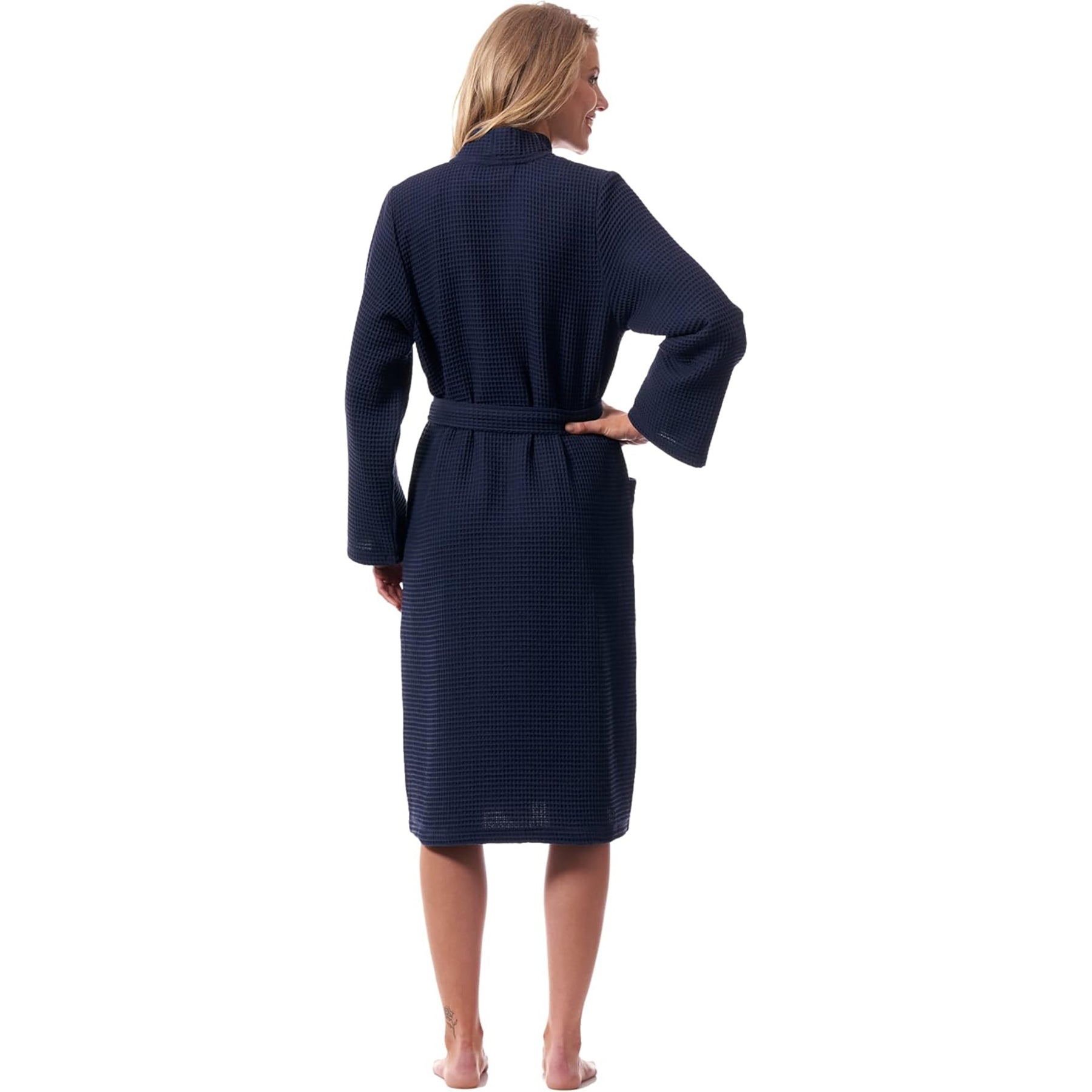 Back of navy unisex cotton robe with belt tie – relaxed fit ideal for lounging or after bathing.