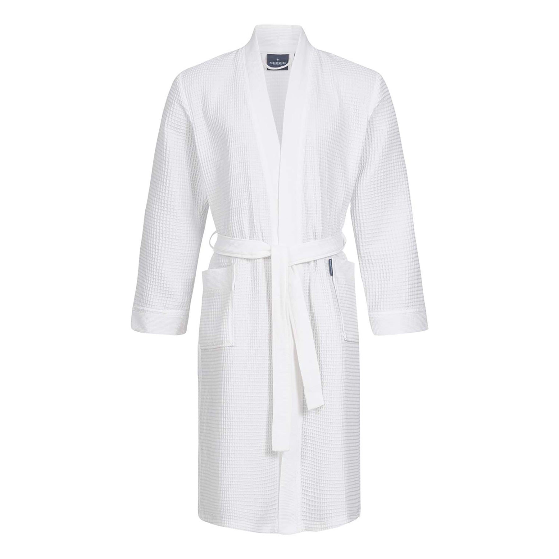 Unisex white waffle bathrobe by Morgenstern – lightweight cotton robe with pockets and tie belt.