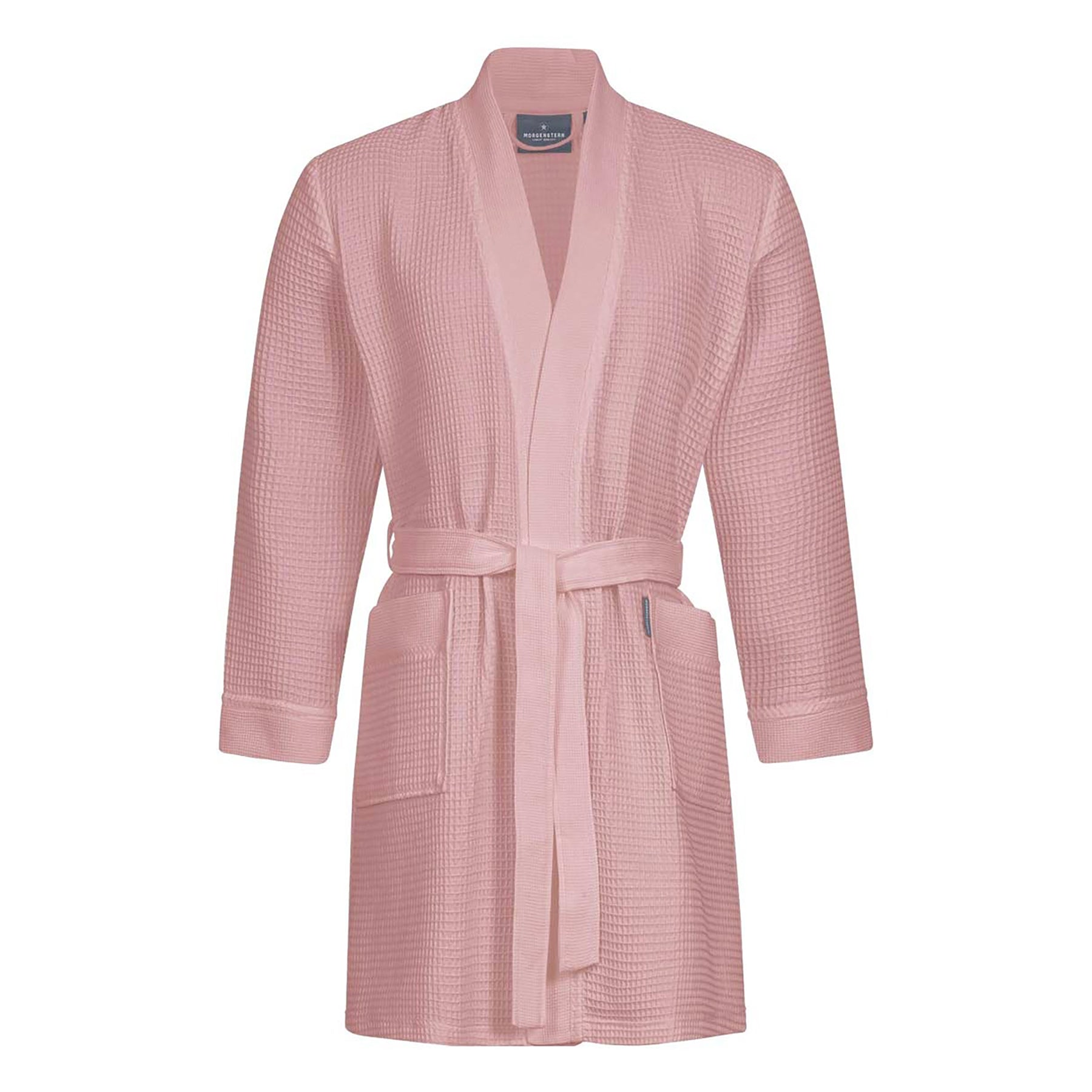 Morgenstern unisex short wrap robe in powder pink waffle cotton – lightweight and breathable spa robe.