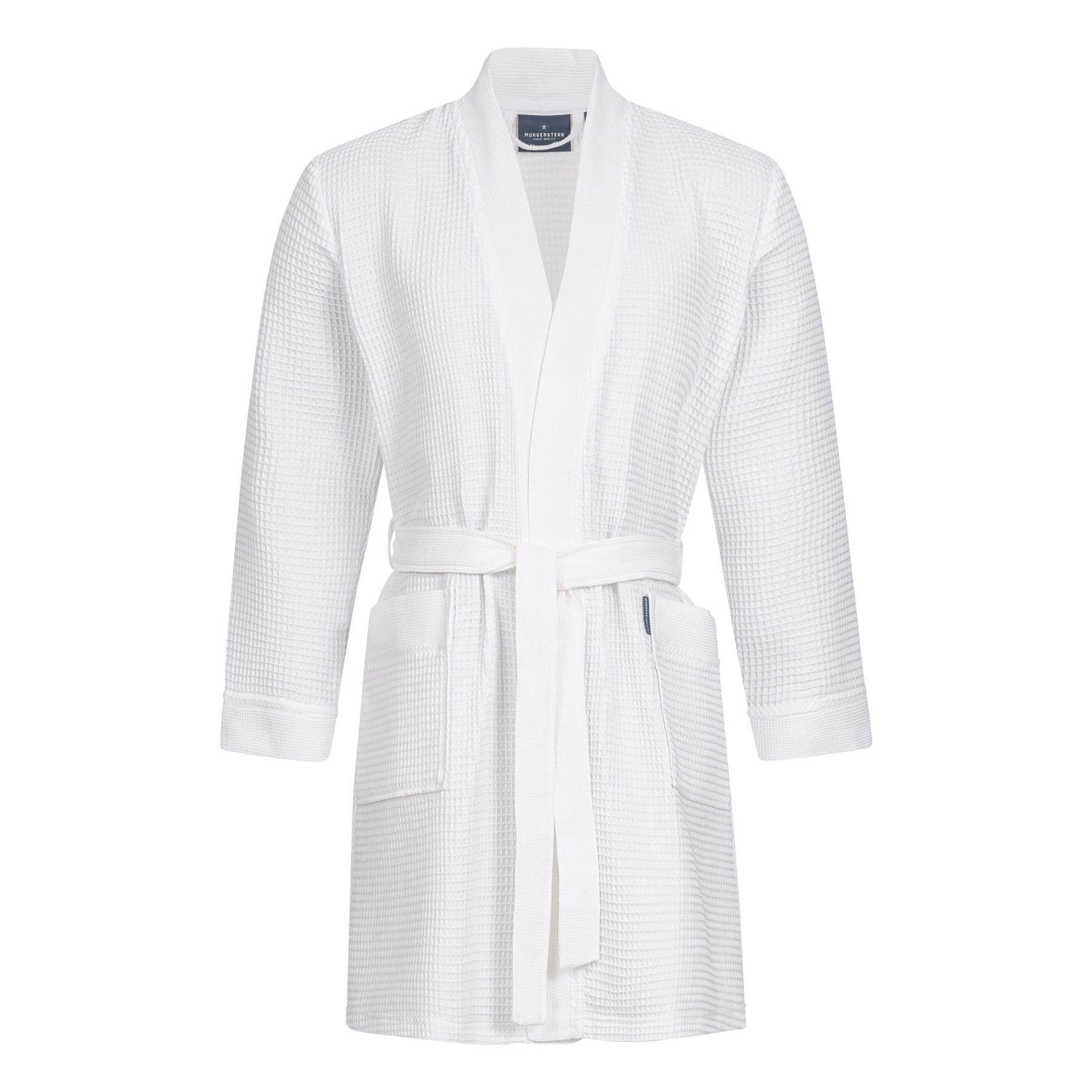 Morgenstern unisex short waffle robe in white – 100% cotton wrap robe with belt and front pockets.