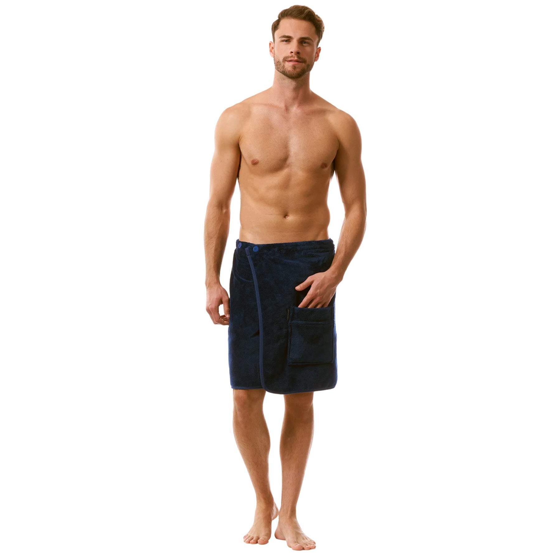 Man wearing short night blue towel wrap with front pocket – soft, absorbent, and ideal for spa or beach.
