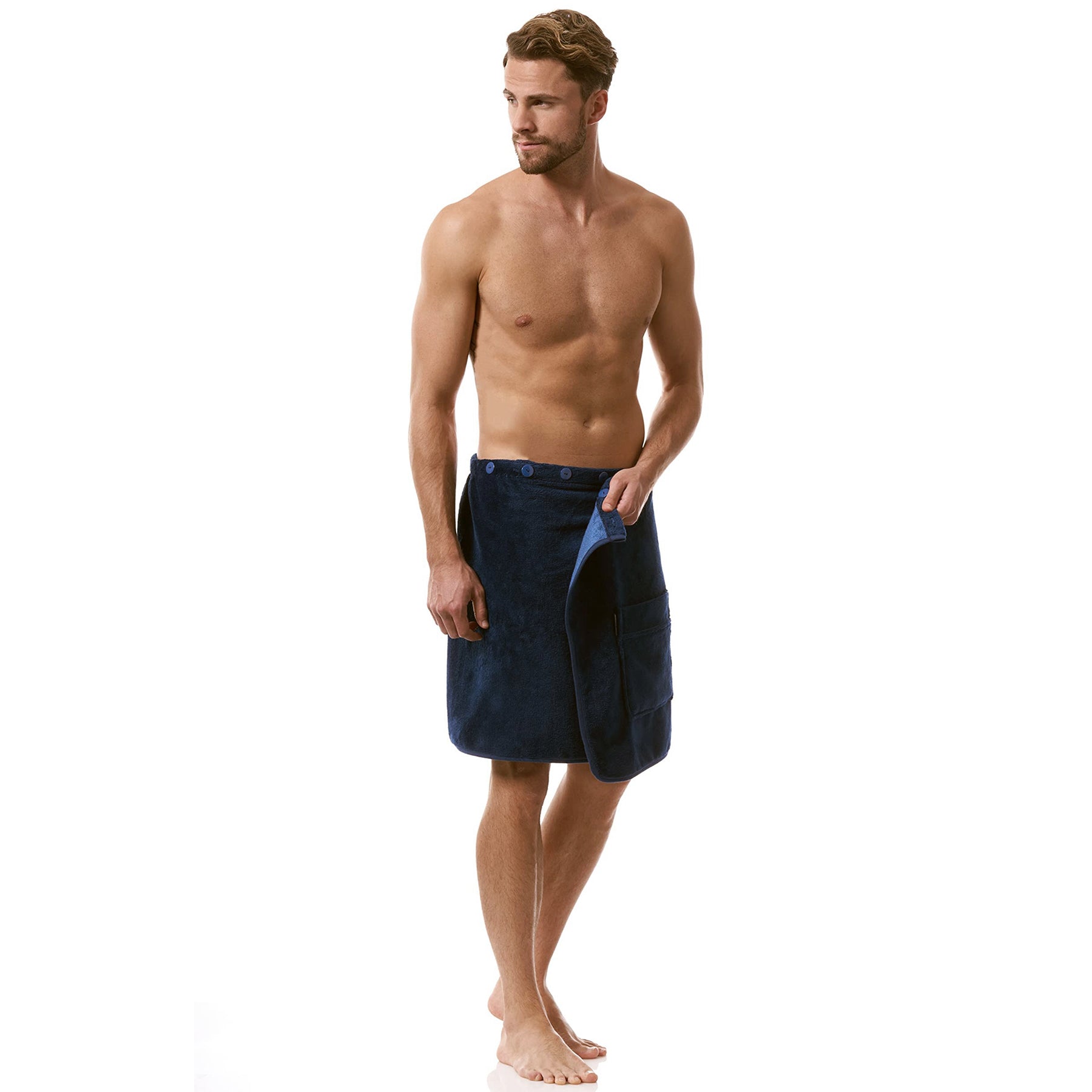 Man in night blue towel wrap adjusting front – perfect post-shower or spa towel with side pocket.
