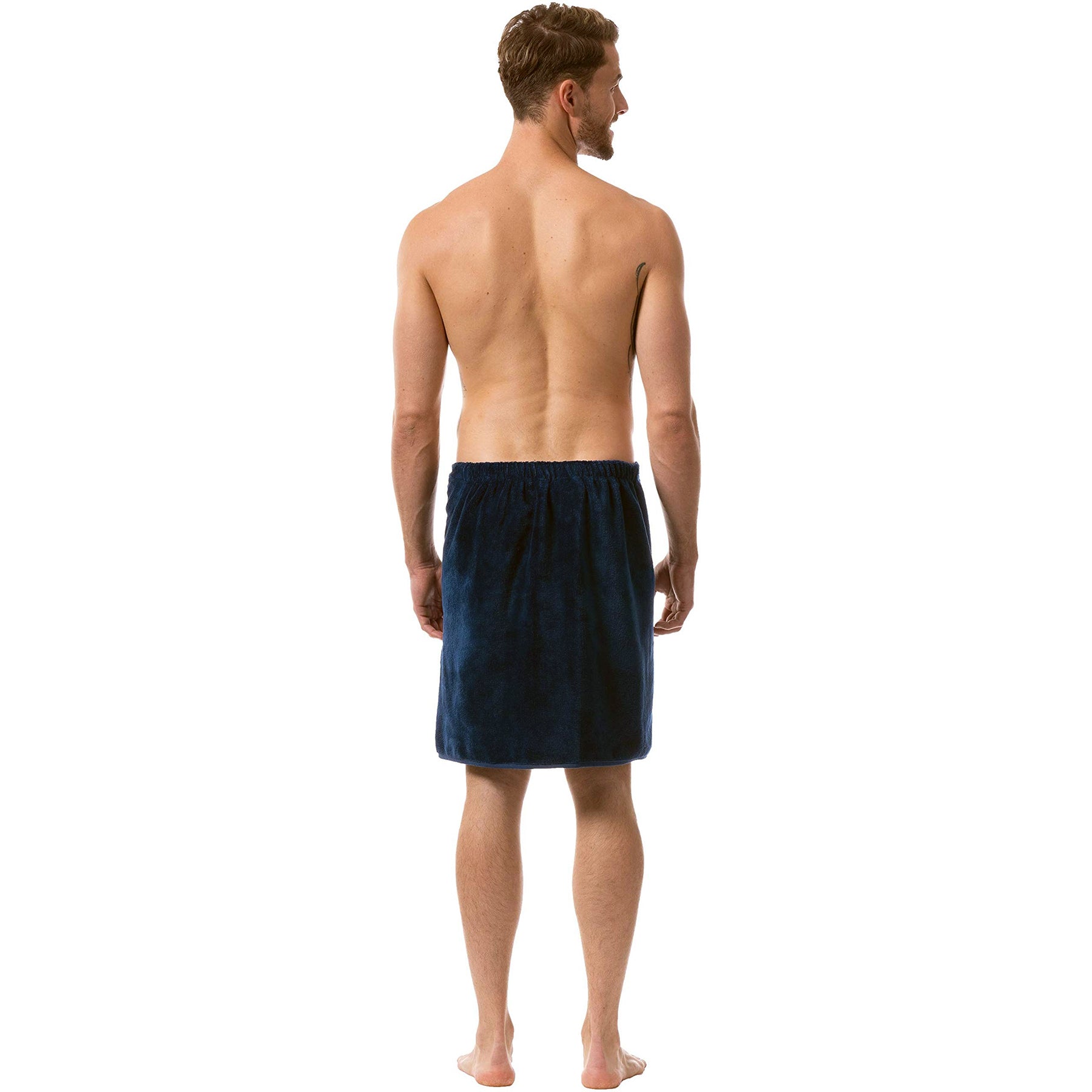 Back view of man wearing night blue men's towel wrap – elastic waistband and plush cotton terry.