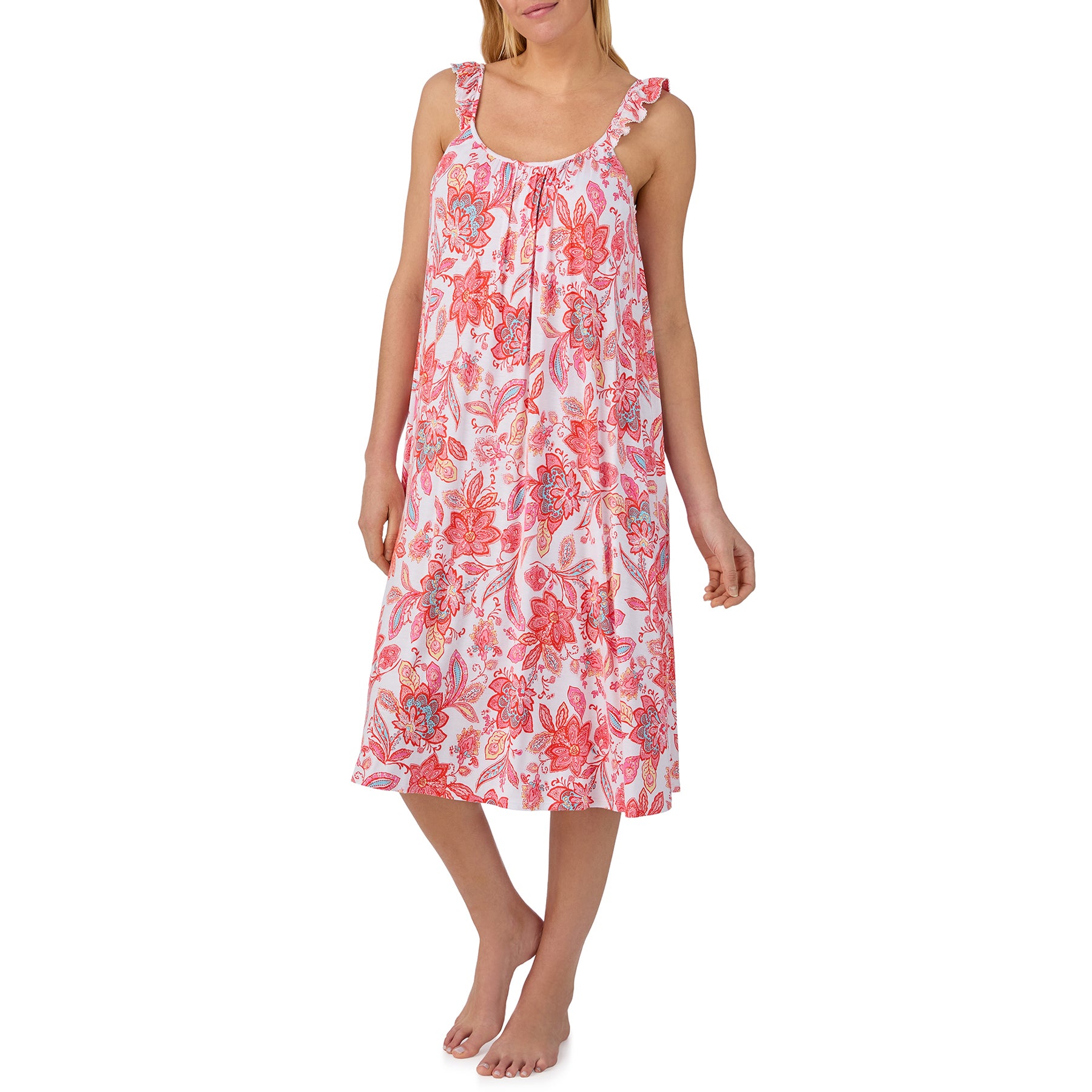Relaxed fit coral and pink floral nightgown with flowing silhouette and delicate ruffled straps