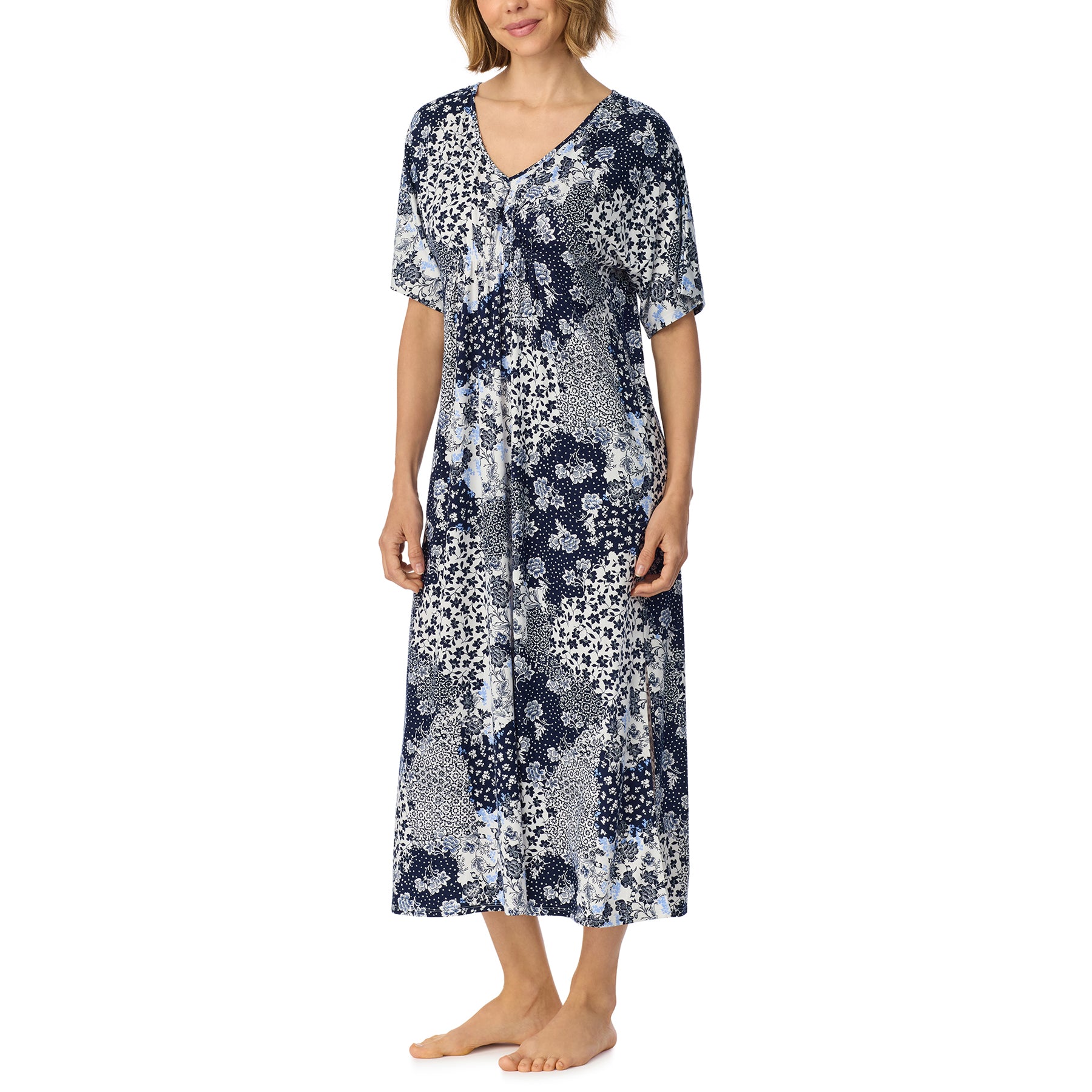 Full front view of navy and white floral patchwork nightgown featuring a relaxed silhouette, short sleeves and ankle-length hem