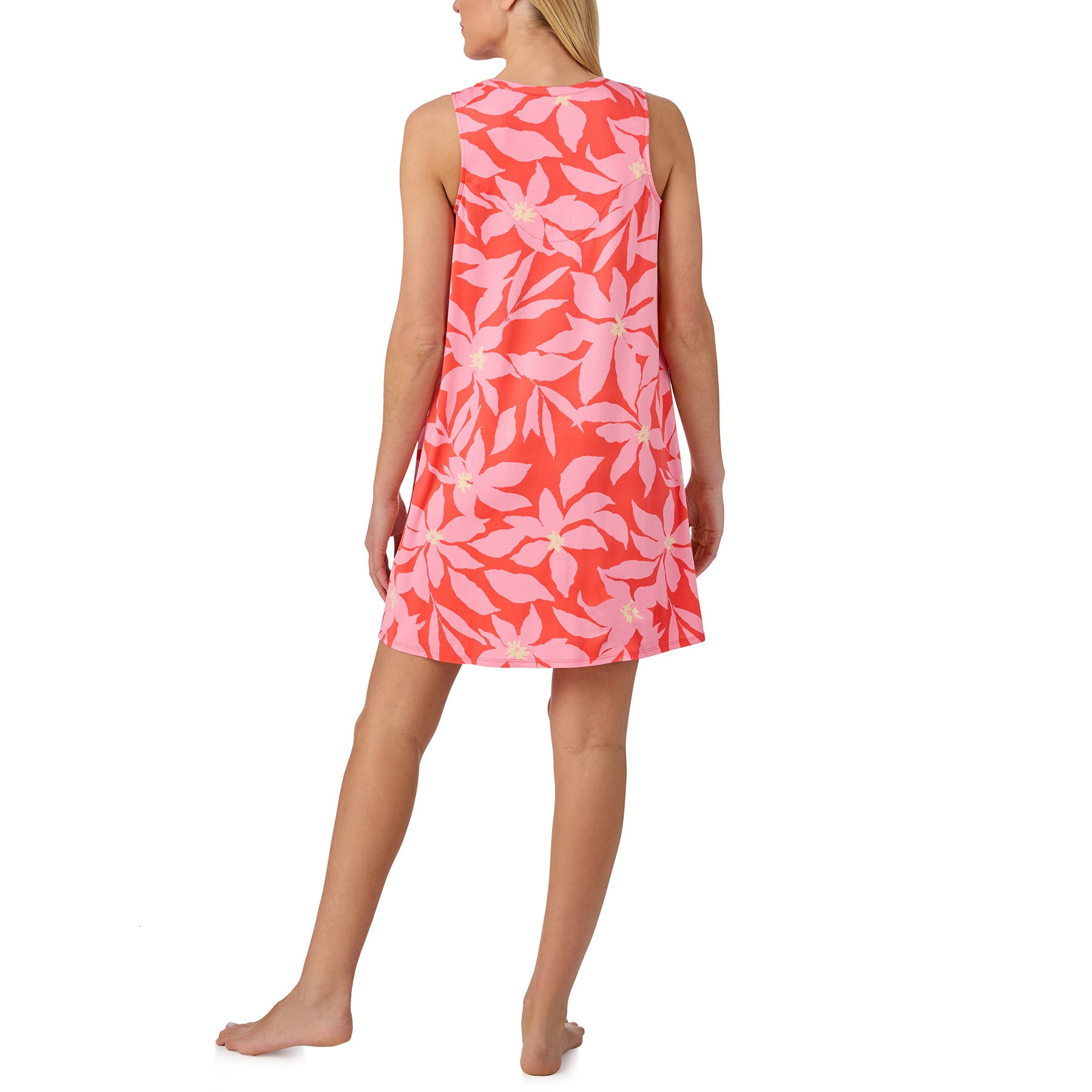 Back view of sleeveless coral floral chemise with soft drape and comfortable lightweight design