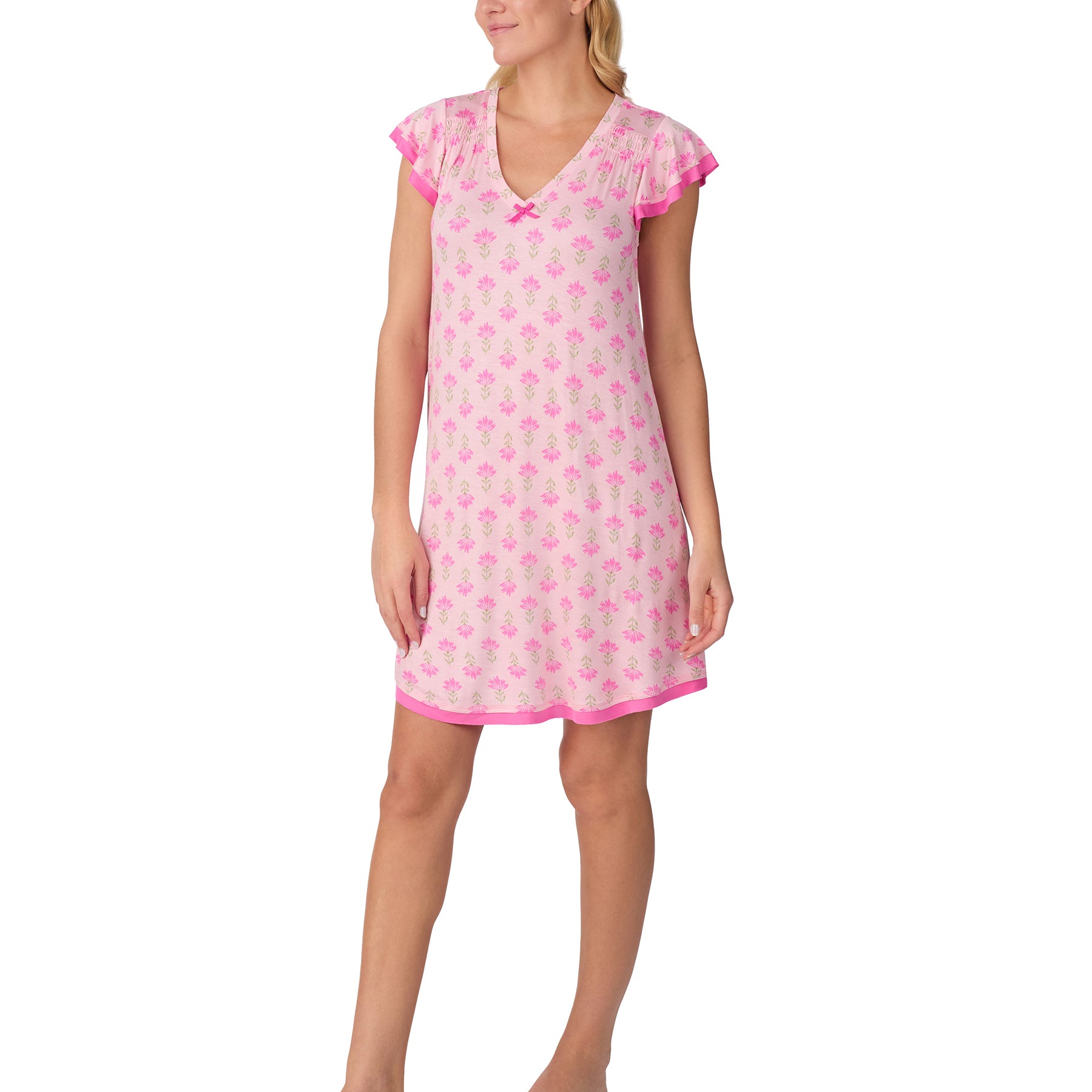 Front view of a women’s pink floral short nightdress with flutter sleeves and a relaxed silhouette.