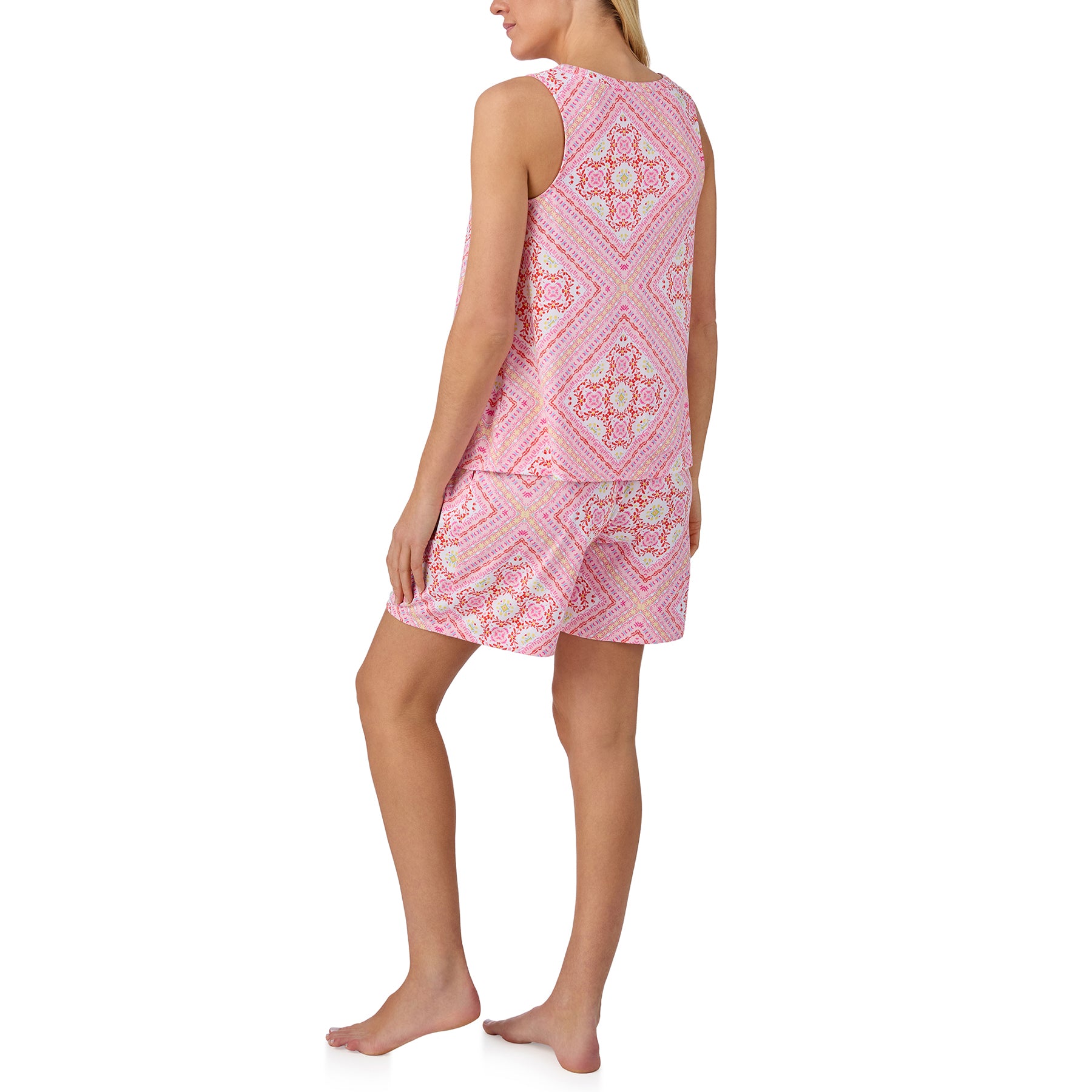 Back view of pink sleeveless pajama set with relaxed fit shorts and soft scarf print design