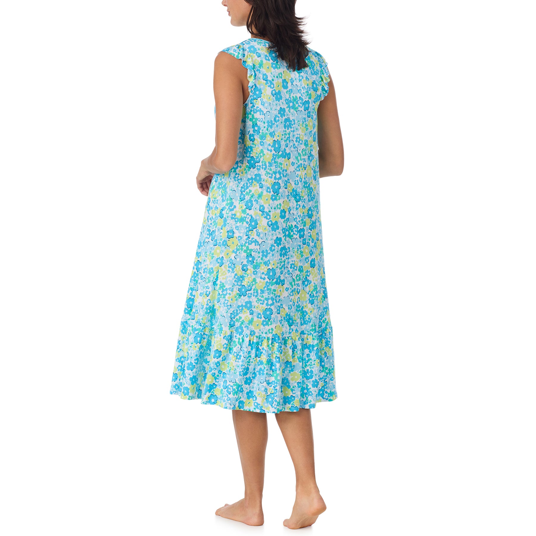 Women’s sleeveless floral nightgown in blue and green print with ruffle hem, back view