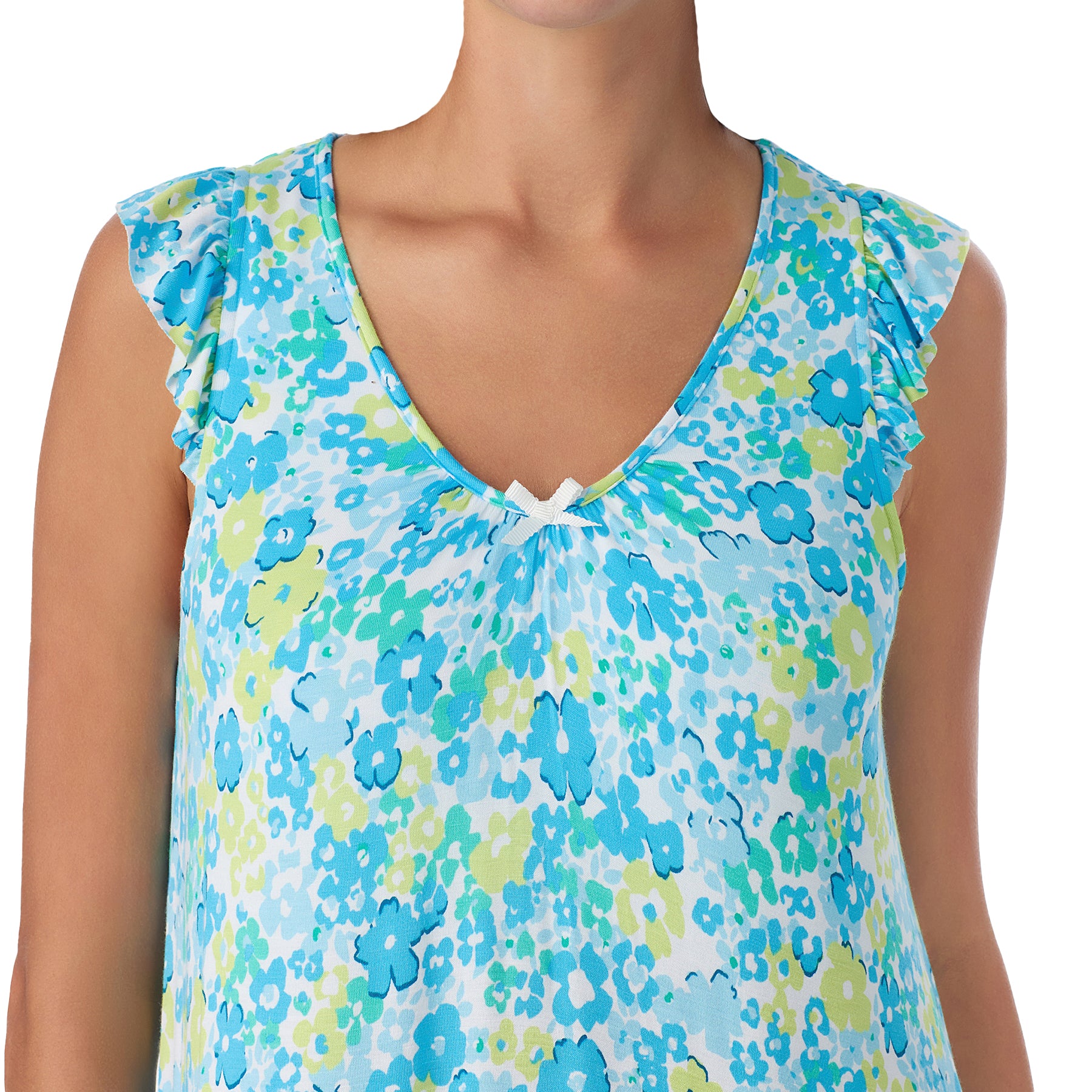 Lightweight floral sleep dress with flutter sleeves and soft gathered neckline detail