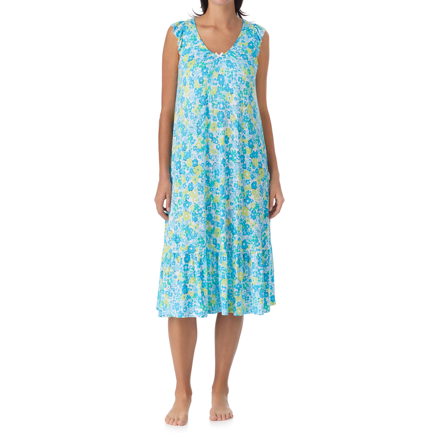 Women’s summer nightgown in aqua and lime floral print with relaxed, flowy silhouette